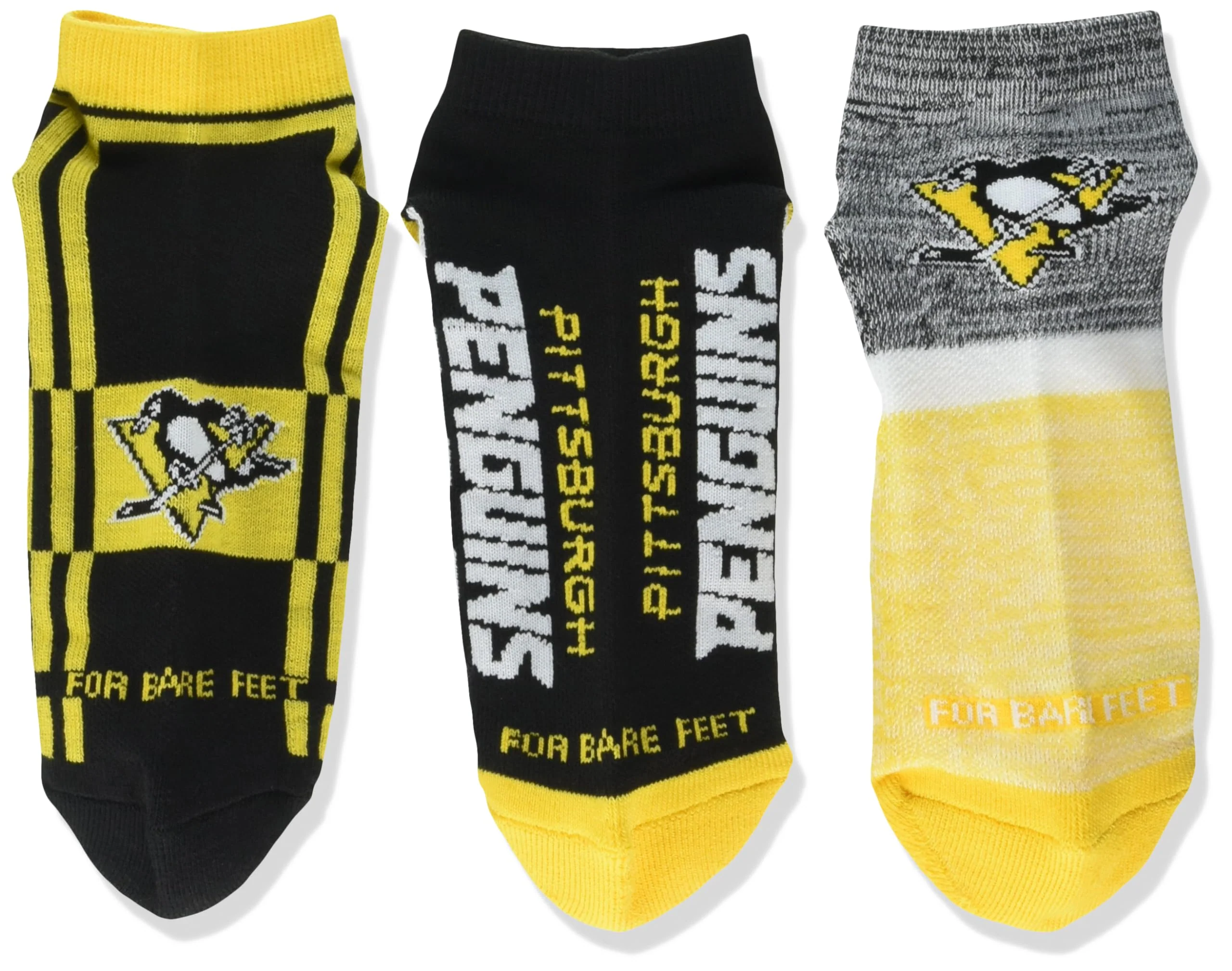 For Bare Feet NHL PITTSBURGH PENGUINS Stripe Stack 3 Pack Ankle Sock Team Colors Large - Image 2