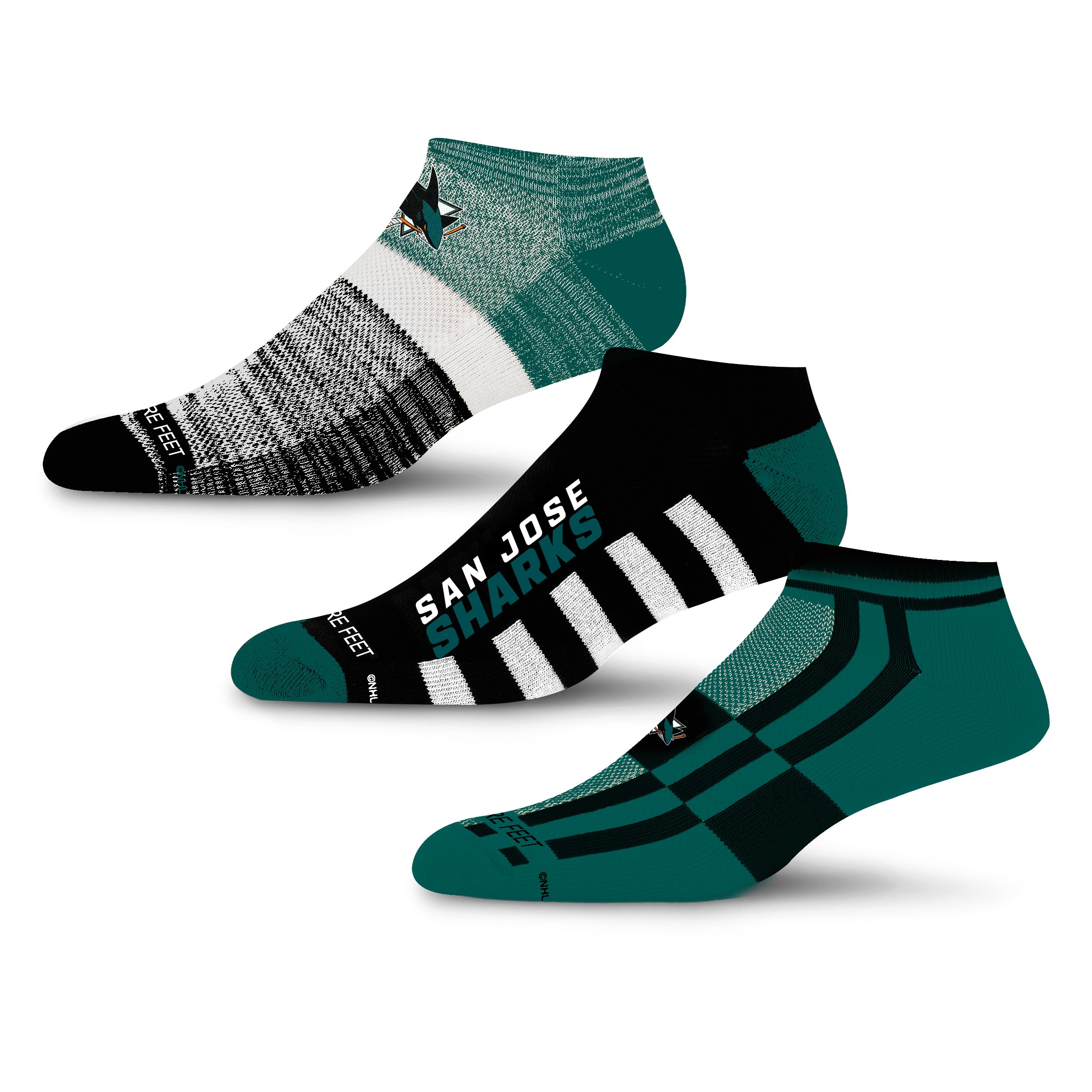 For Bare Feet NHL SAN JOSE SHARKS Stripe Stack 3 Pack Ankle Sock Team Colors Large