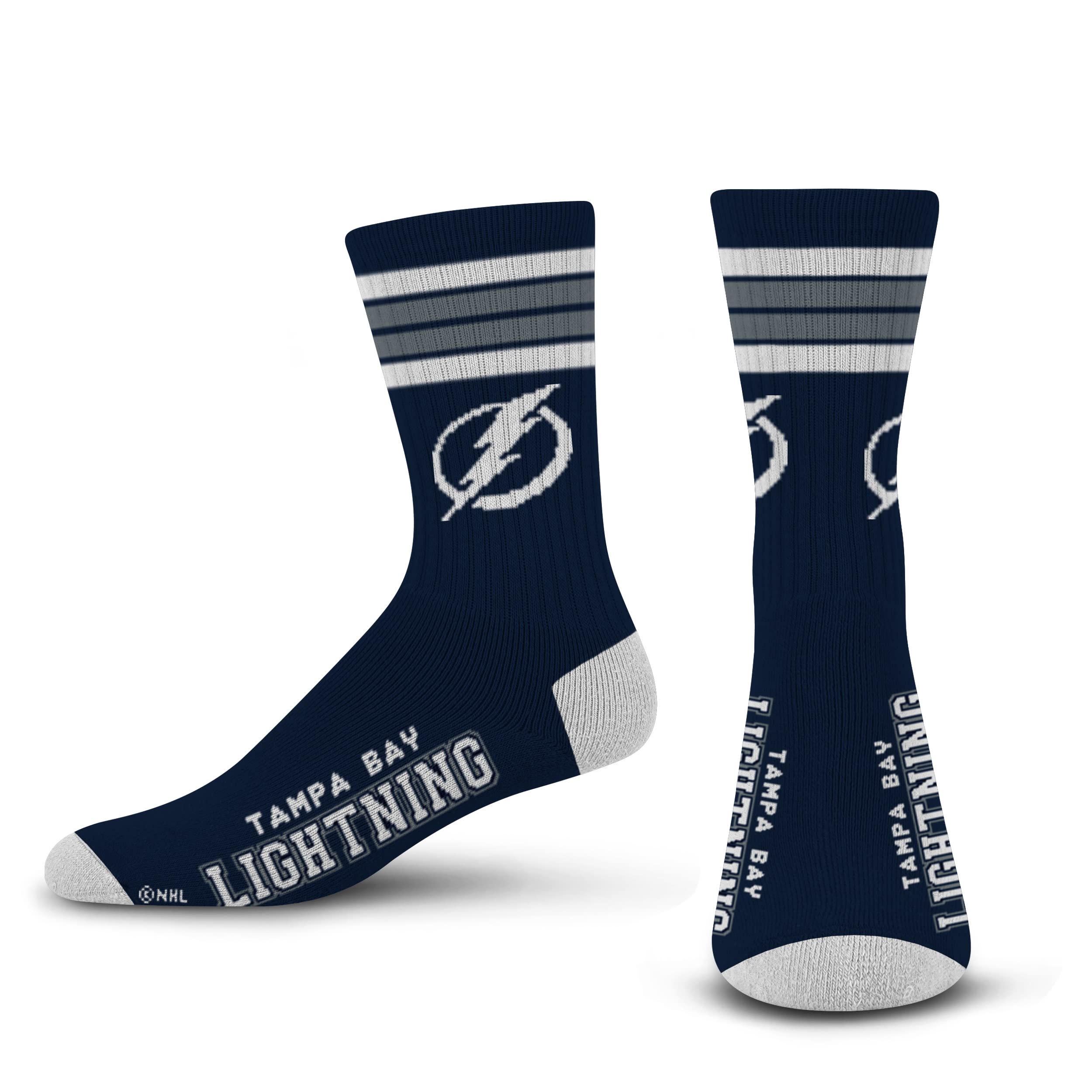 For Bare Feet NHL Tampa Bay Lightning 4 Stripe Deuce Crew Sock Team Color MEDIUM