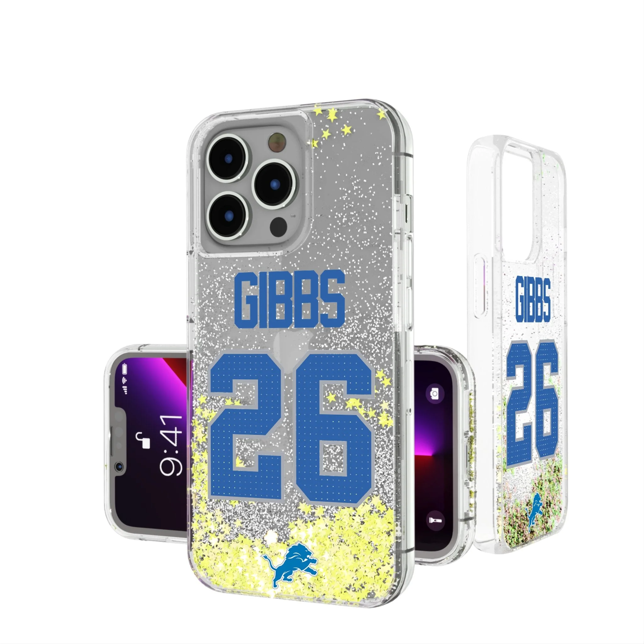 Jahmyr Gibbs Detroit Lions 26 Game Tactic Glitter Phone Case for Apple iPhone