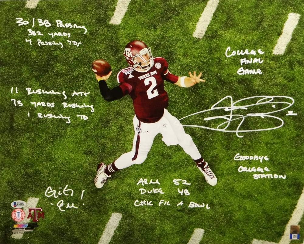 Johnny Manziel Signed Texas A&M 16x20 Aerial Pass PF Photo W/Insc- Beckett Auth - Image 4