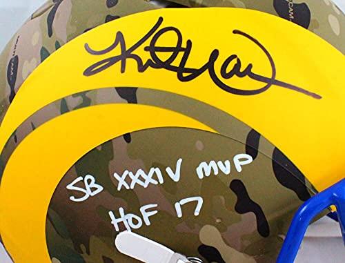 Kurt Warner Signed Rams Authentic Camo Speed F/S Helmet 2Insc- Beckett W B/W - Image 5
