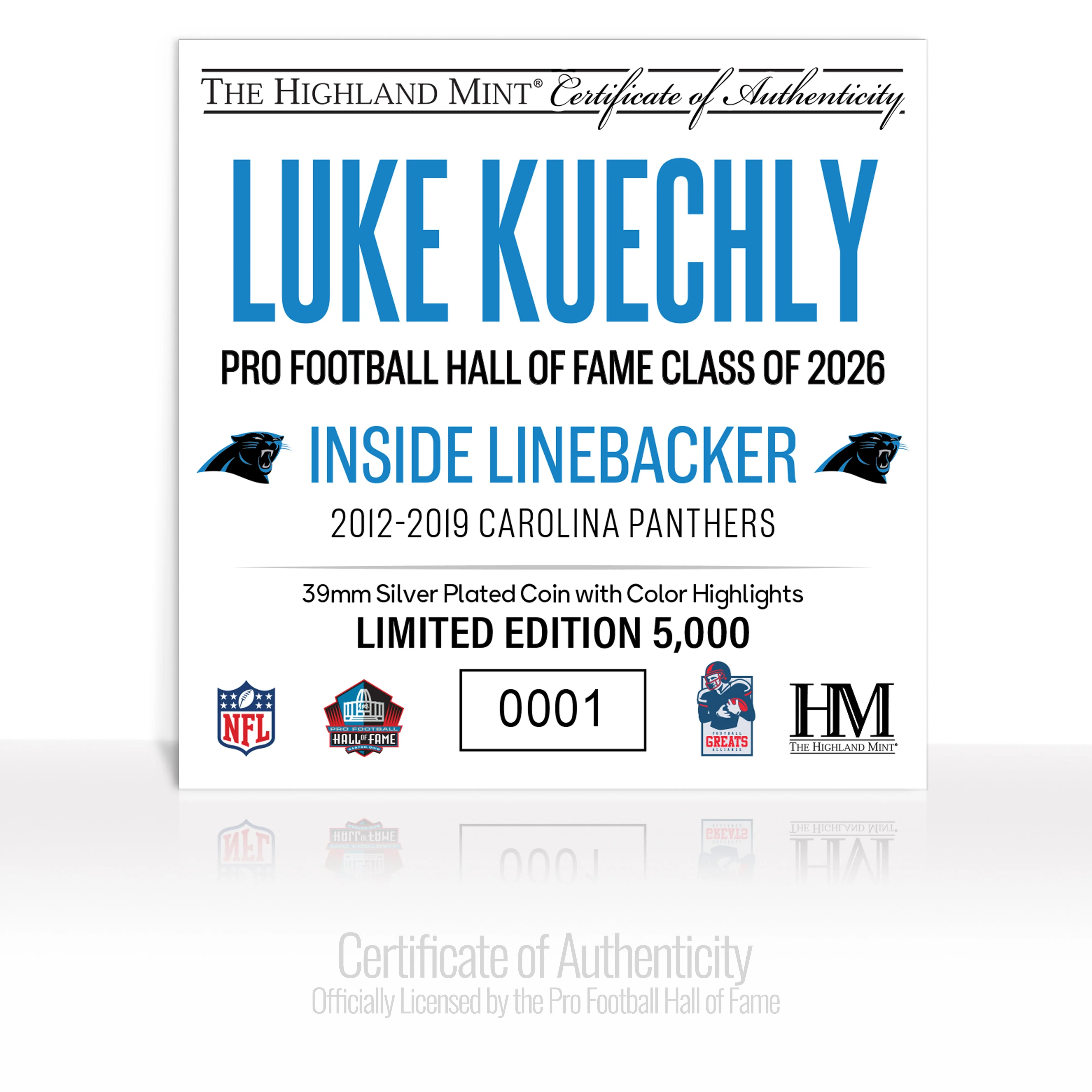 Luke Kuechly 2026 NFL Hall of Fame Induction Silver Plated Coin - Image 2