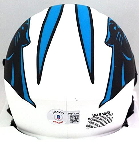 Luke Kuechly Autographed Panthers Lunar Speed Mini Helmet- Beckett W Baby Blue - Image 2