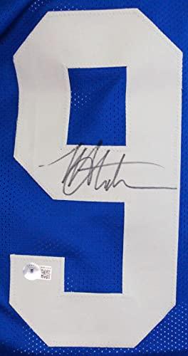 Michael Strahan Autographed Blue STAT Pro Style Jersey-Beckett W Hologram - Image 3