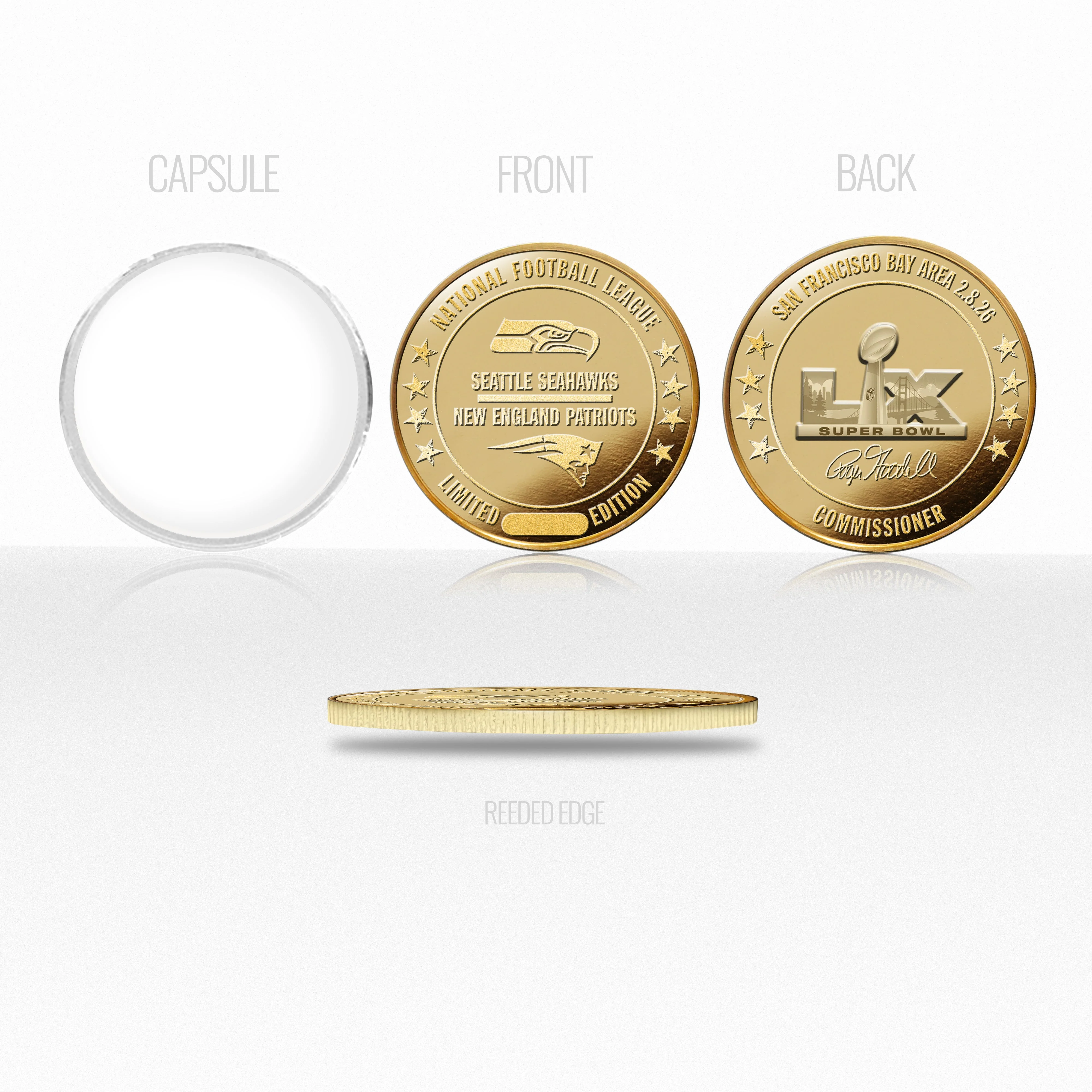 New England Patriots vs. Seattle Seahawks Super Bowl LX Gold Plated Game Coin - Image 3