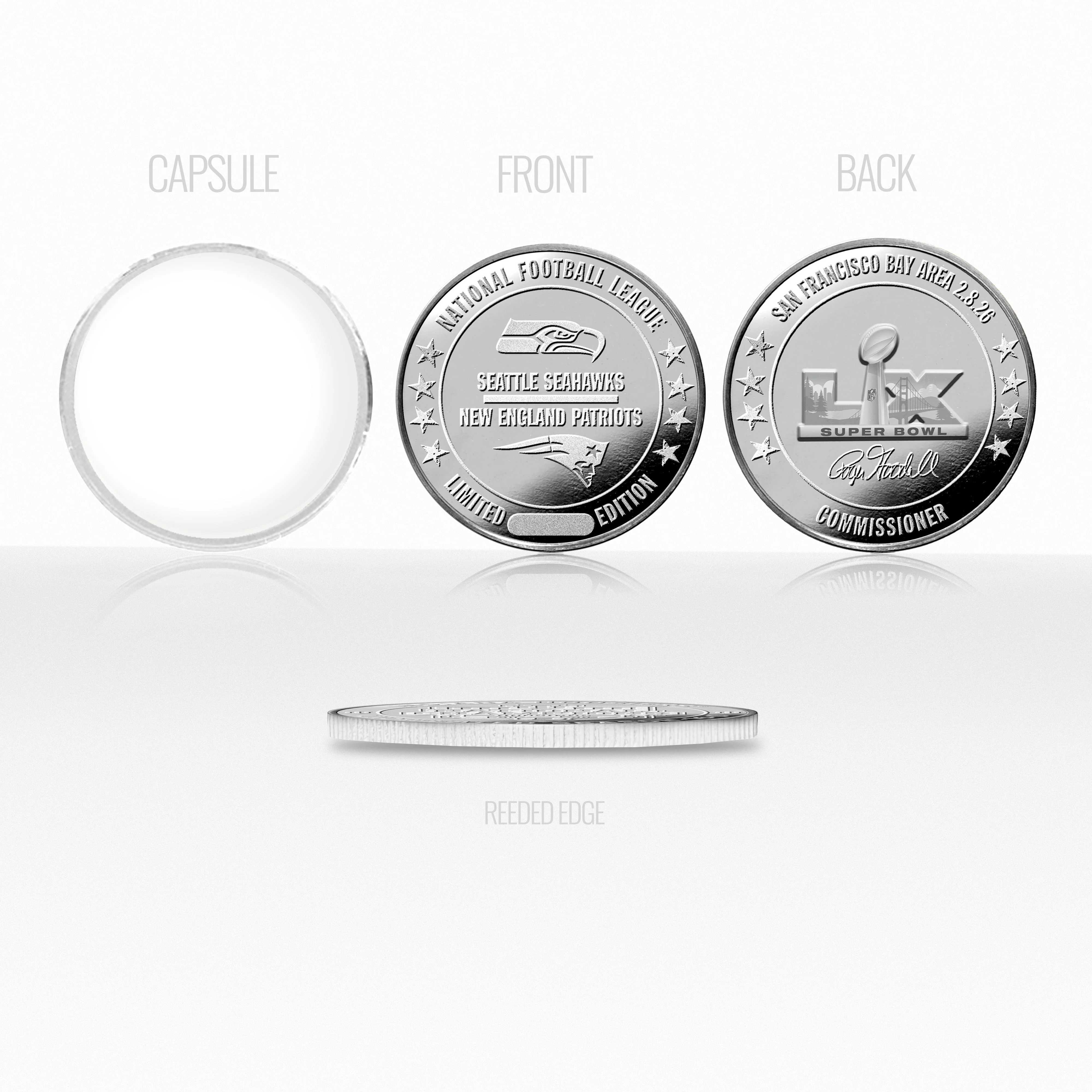 New England Patriots vs. Seattle Seahawks Super Bowl LX Silver Plated Game Coin - Image 3