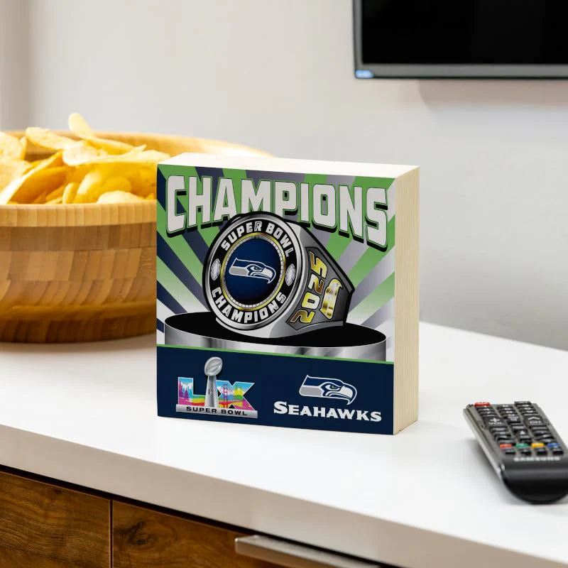 NFL Seattle Seahawks 2026 Super Bowl LX Championship Wood Sign Table Décor, 6"x6" Football Wooden Block Box Signs Decorations for Home, Office, Kitchen, Shelf, or Man Cave