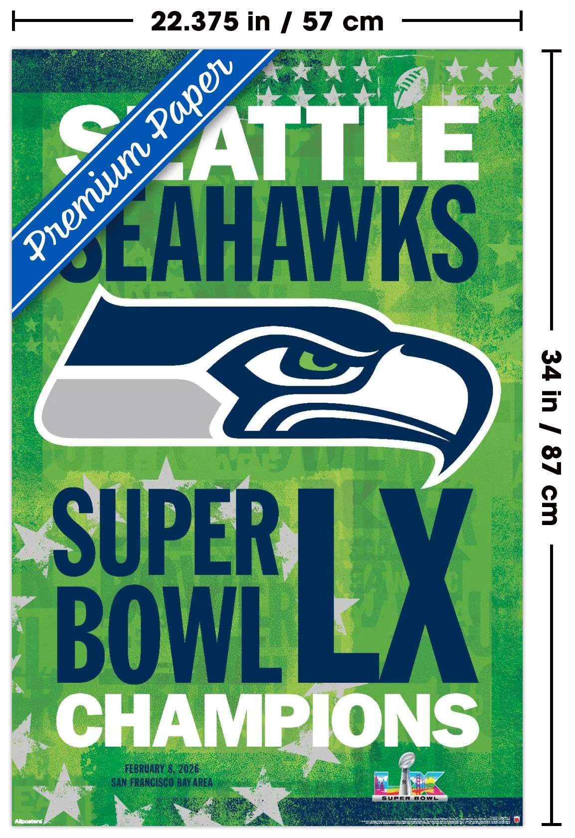 NFL Seattle Seahawks - Super Bowl LX Team Logo Wall Poster, 34L" x 22.4W", Premium Unframed Version - Image 2