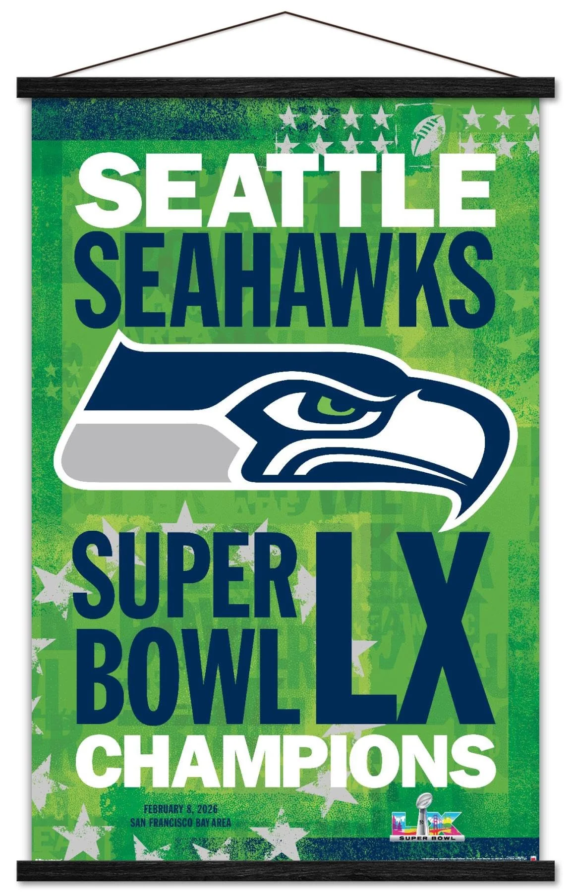 NFL Seattle Seahawks - Super Bowl LX Team Logo Wall Poster with Magnetic Frame, 34L" x 22.4W", Premium Print and Black Hanger Bundle