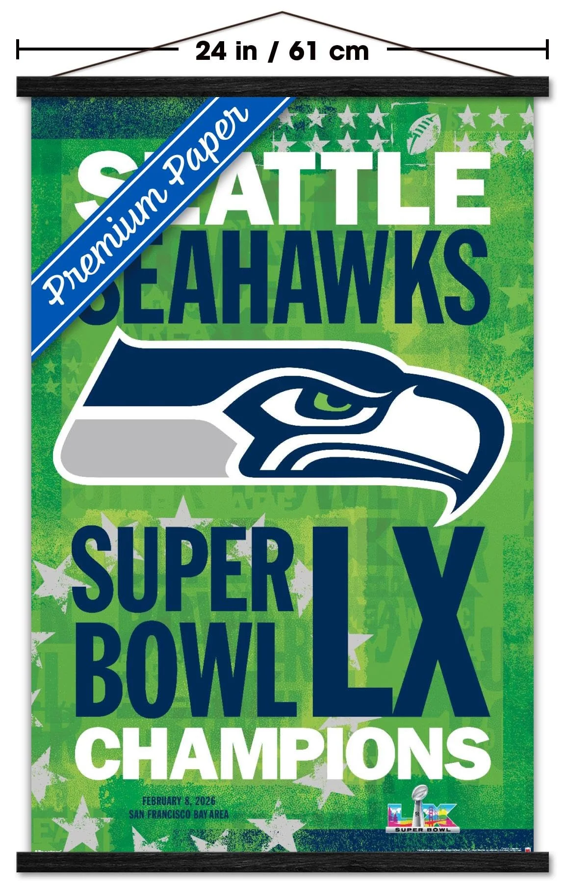 NFL Seattle Seahawks - Super Bowl LX Team Logo Wall Poster with Magnetic Frame, 34L" x 22.4W", Premium Print and Black Hanger Bundle - Image 3