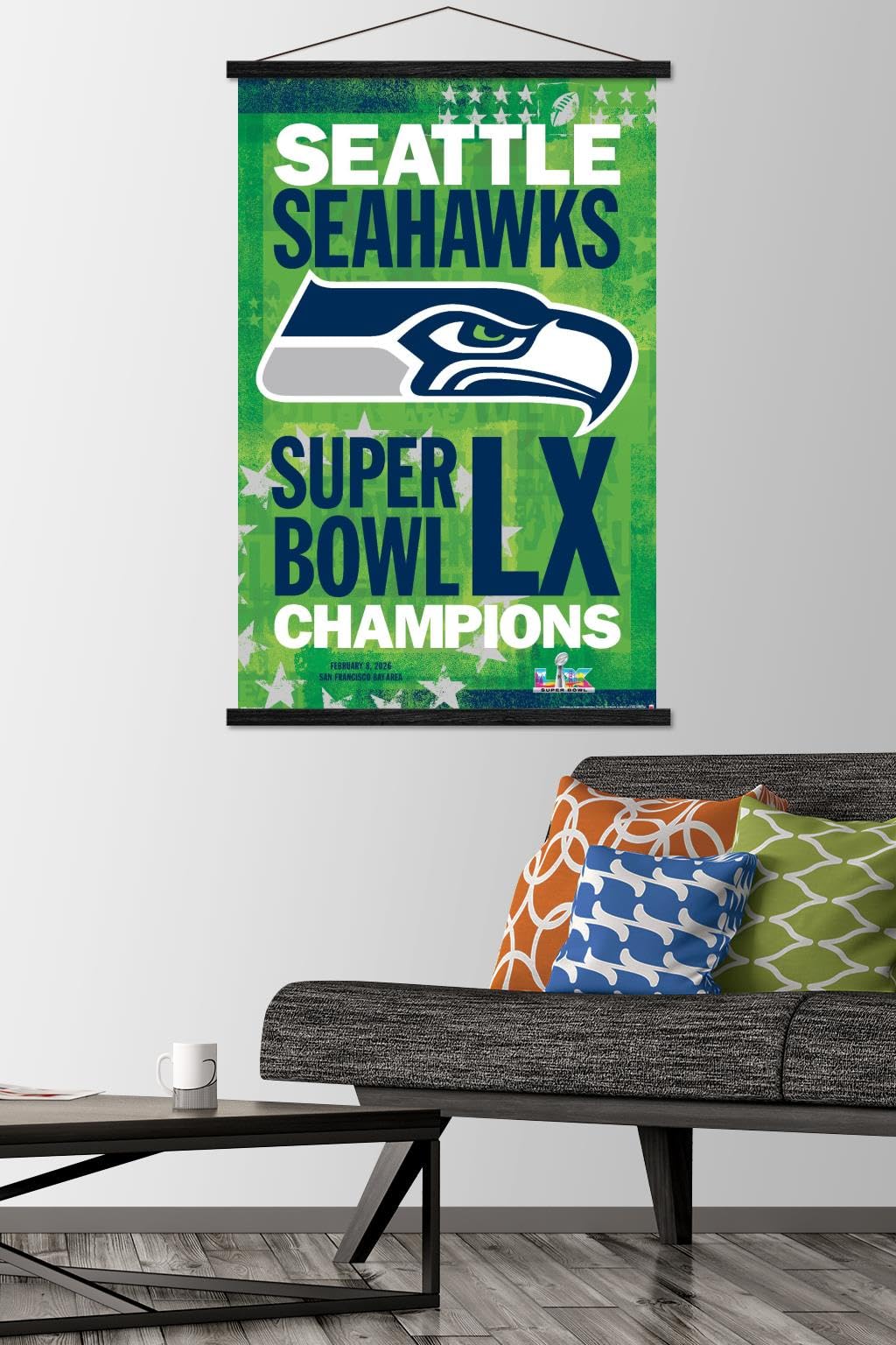 NFL Seattle Seahawks - Super Bowl LX Team Logo Wall Poster with Magnetic Frame, 34L" x 22.4W", Premium Print and Black Hanger Bundle - Image 6