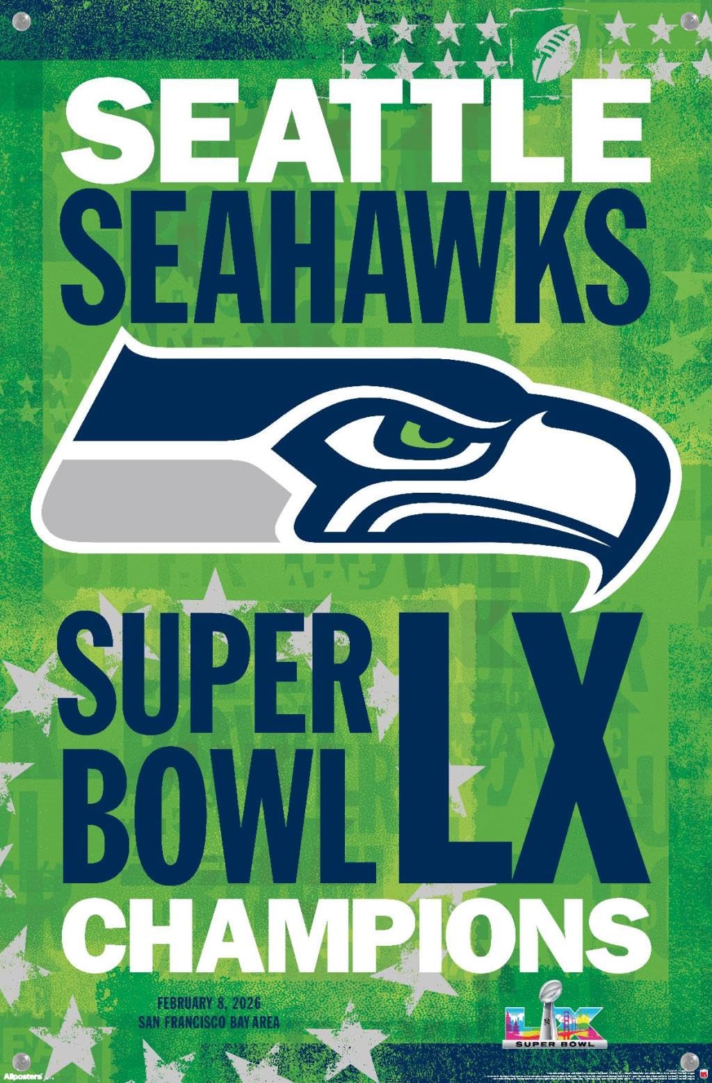 NFL Seattle Seahawks - Super Bowl LX Team Logo Wall Poster with Push Pins, 22.4L" x 14.7W", Premium Poster & Push Pin Bundle - Image 2