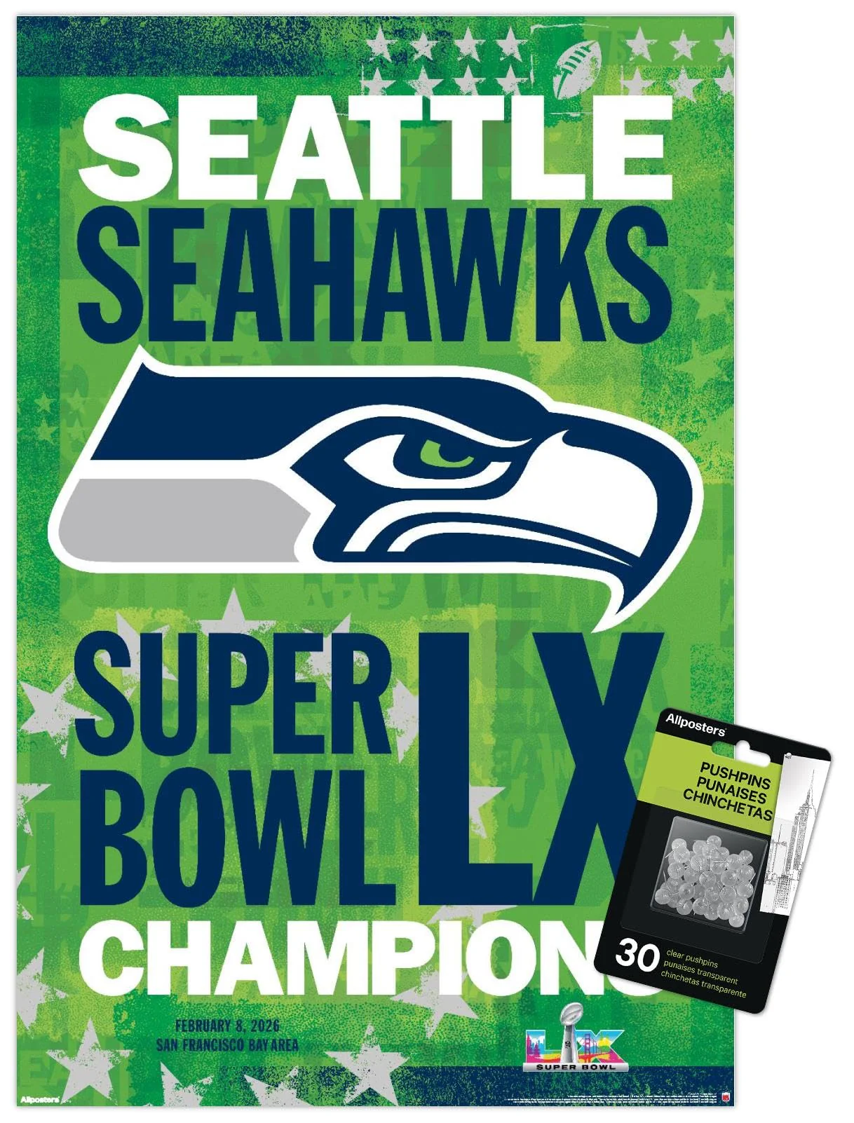 NFL Seattle Seahawks - Super Bowl LX Team Logo Wall Poster with Push Pins, 22.4L" x 14.7W", Premium Poster & Push Pin Bundle - Image 4