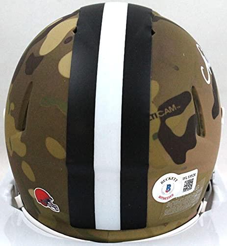 Nick Chubb Autographed Cleveland Browns Camo Speed Mini Helmet- Beckett White - Image 2