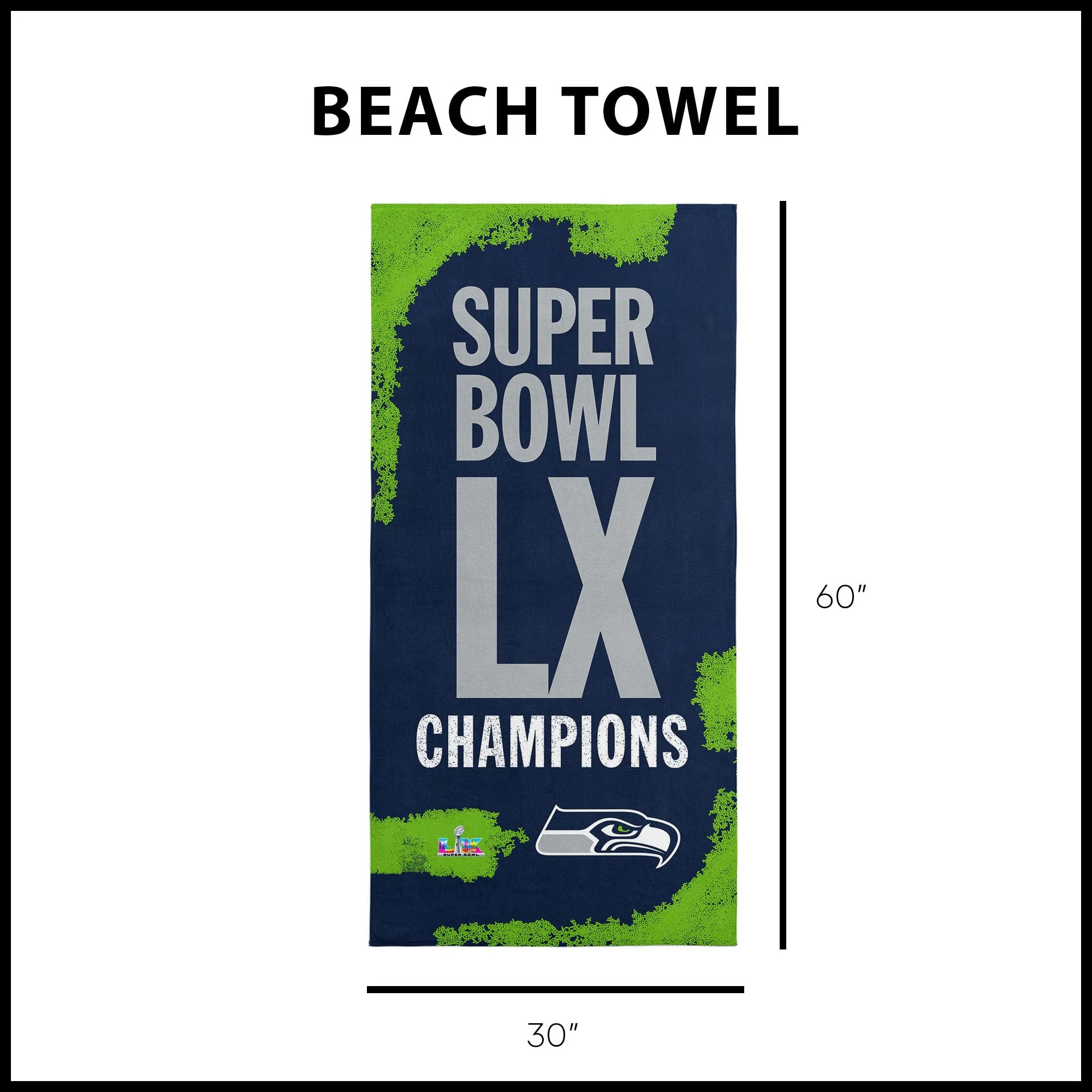 Northwest NFL Super Bowl 2026 Seattle Seahawks Champs Barbary Beach Towel, 30 x 60 in - Image 5