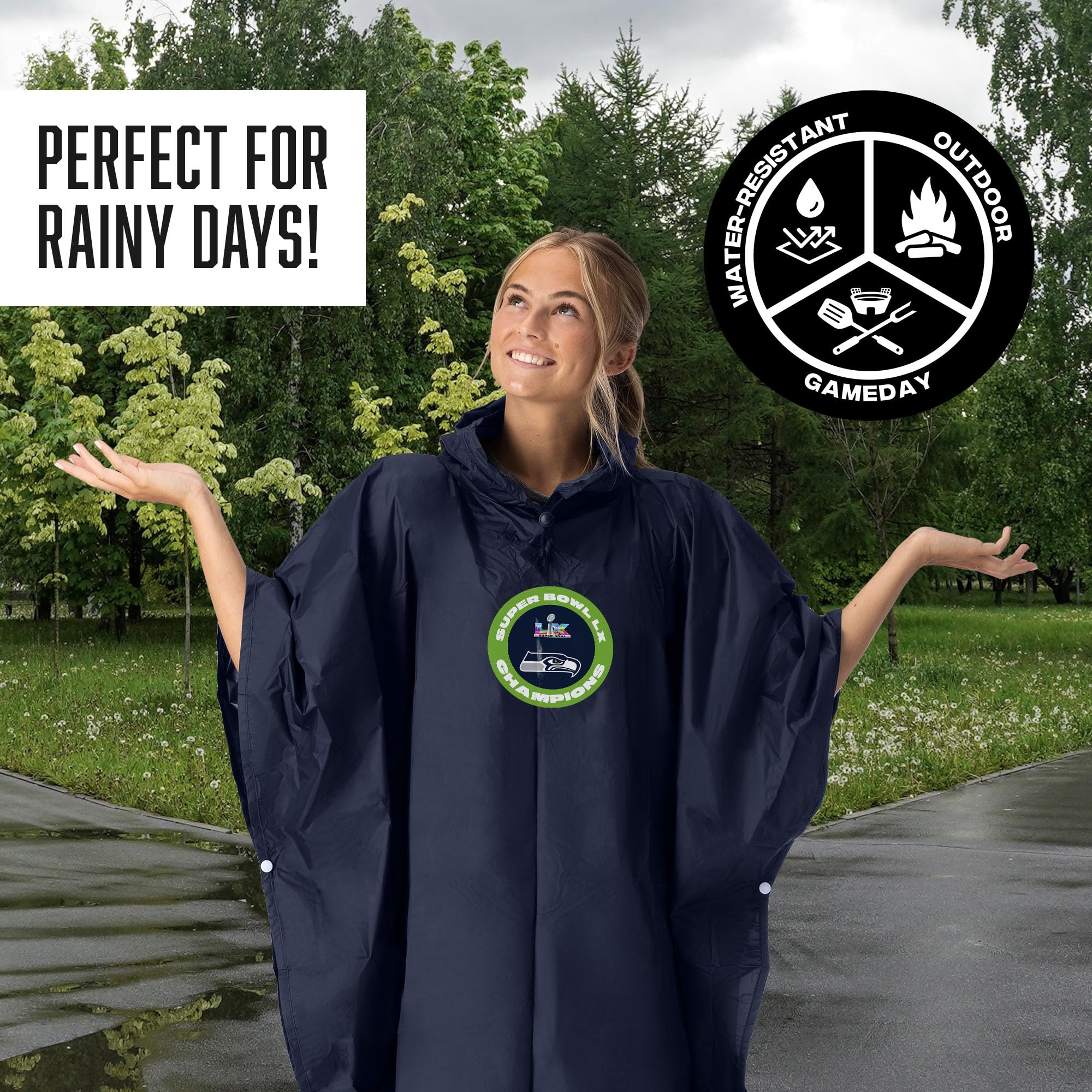 Northwest NFL Super Bowl 2026 Seattle Seahawks Champs Pier Team Color Deluxe Pullover Rain Poncho, 44 x 49 in - Image 2