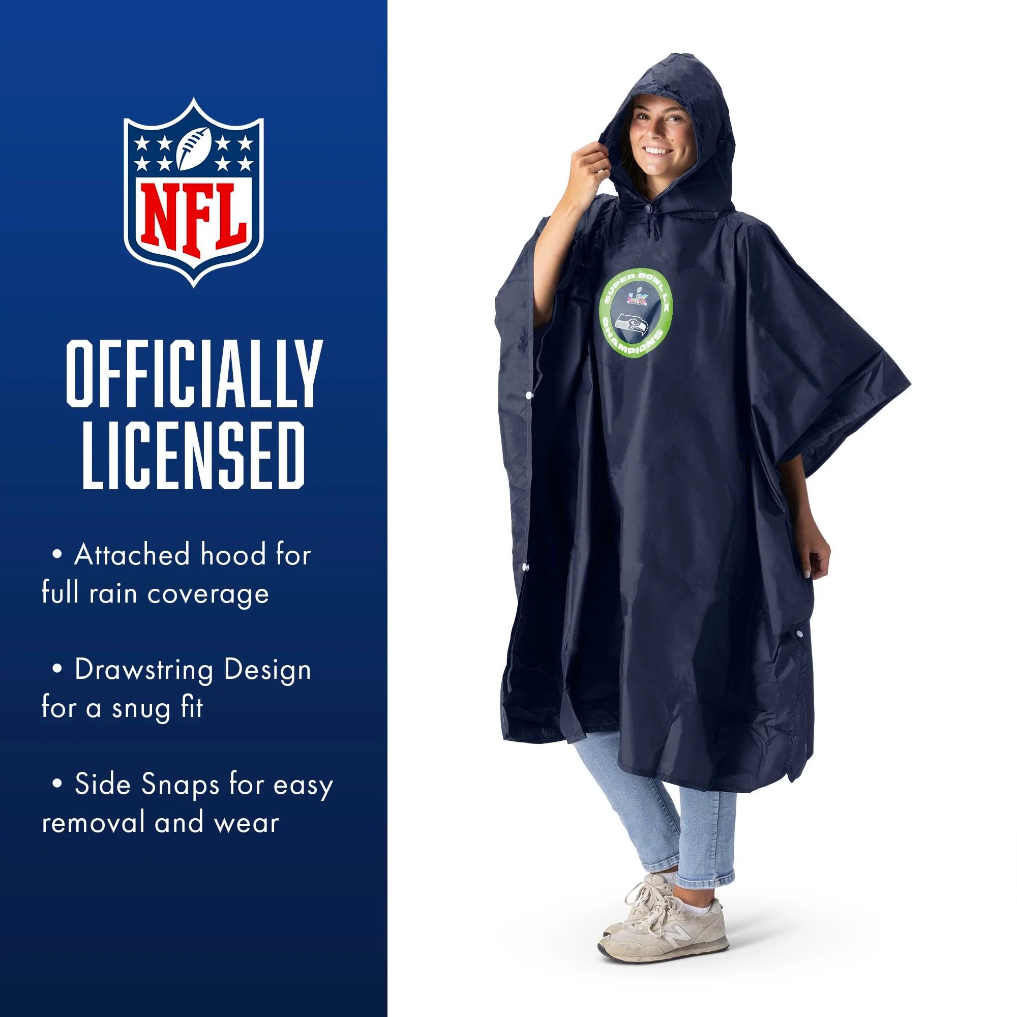 Northwest NFL Super Bowl 2026 Seattle Seahawks Champs Pier Team Color Deluxe Pullover Rain Poncho, 44 x 49 in - Image 5