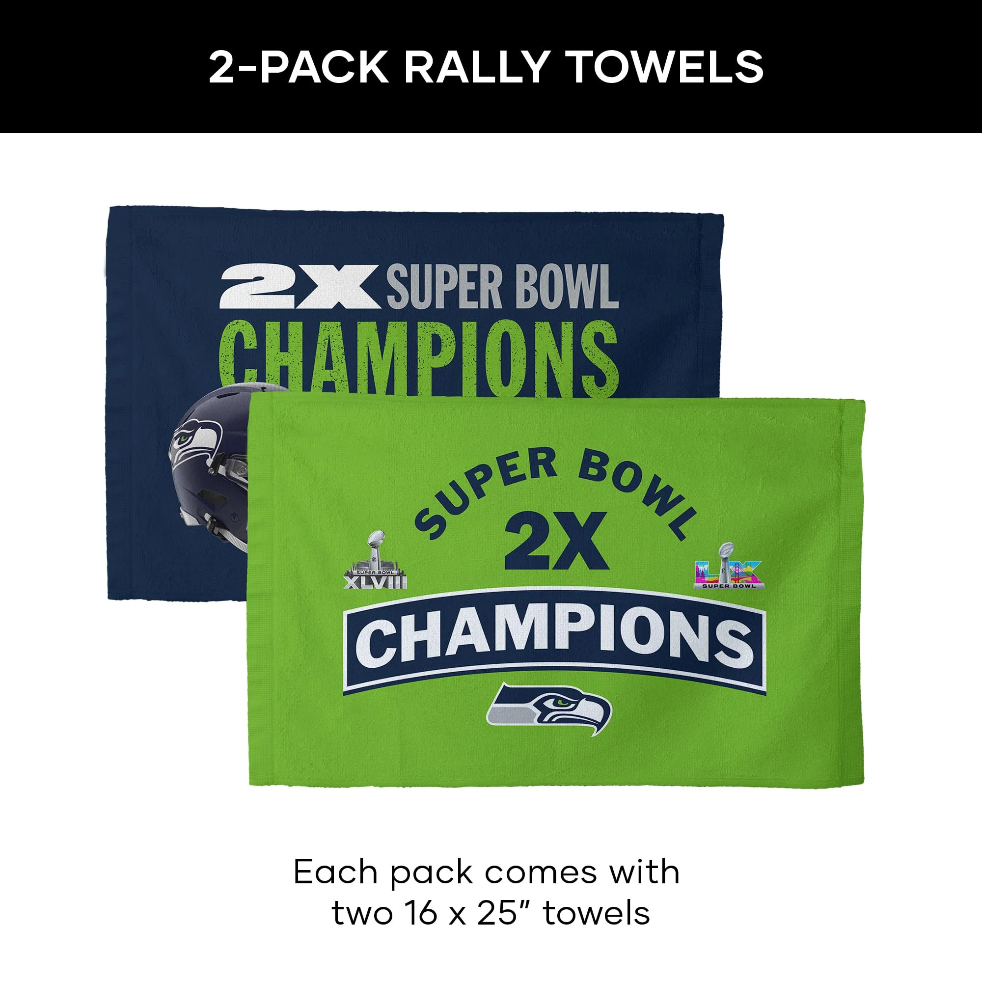 Northwest NFL Super Bowl 2026 Seattle Seahawks Multi Champs Built Fan Towel 2-Pack, 16 x 25 in - Image 3