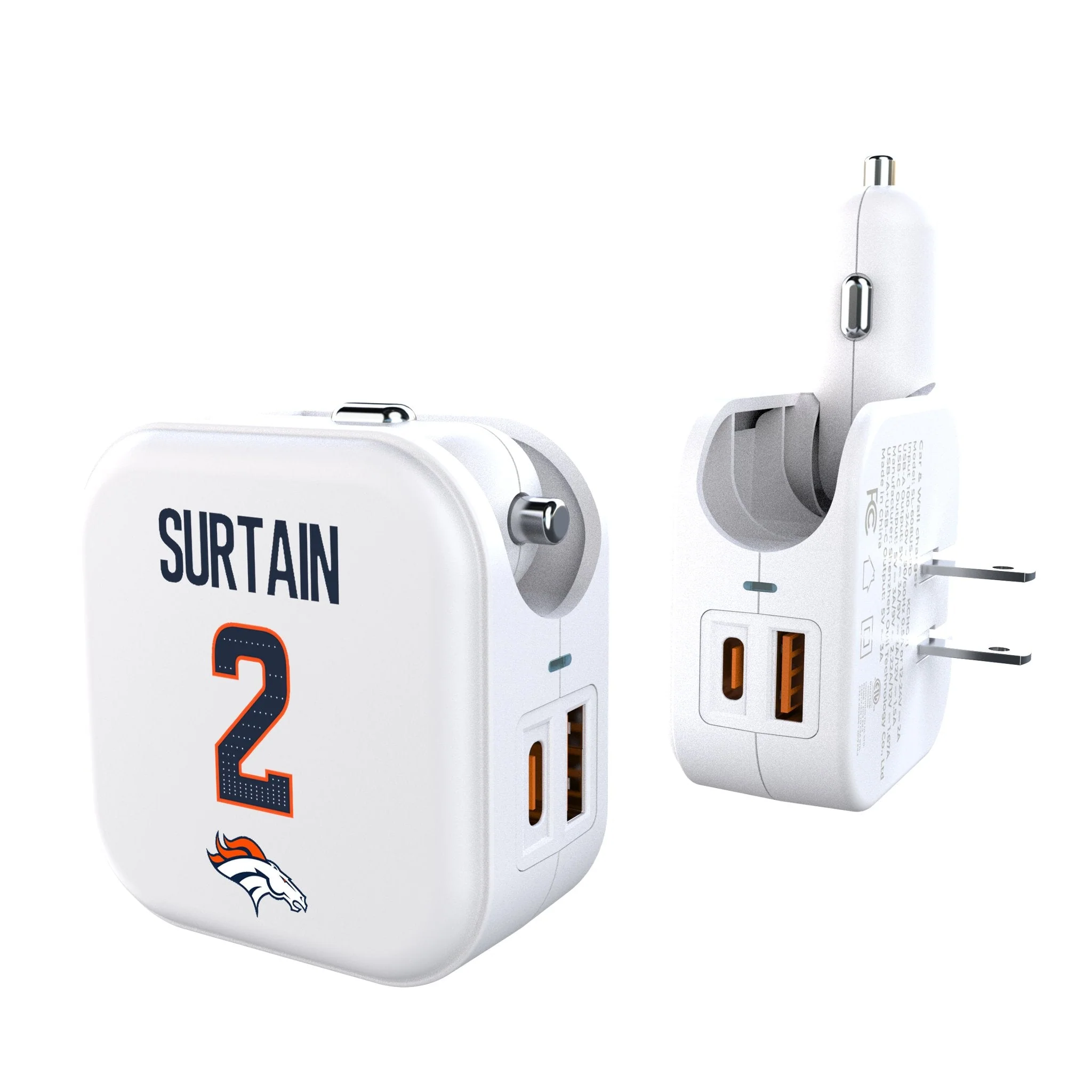 Pat Surtain II Denver Broncos 2 Game Tactic 2 in 1 USB Charger
