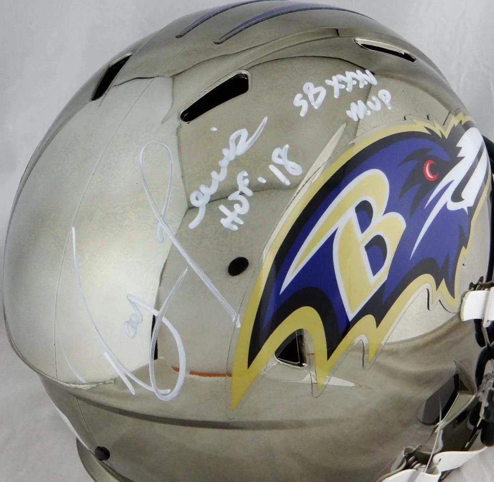 Ray Lewis Full Name Autographed Ravens F/S Chrome Helmet w/HOF& SB MVP- Beckett Auth White