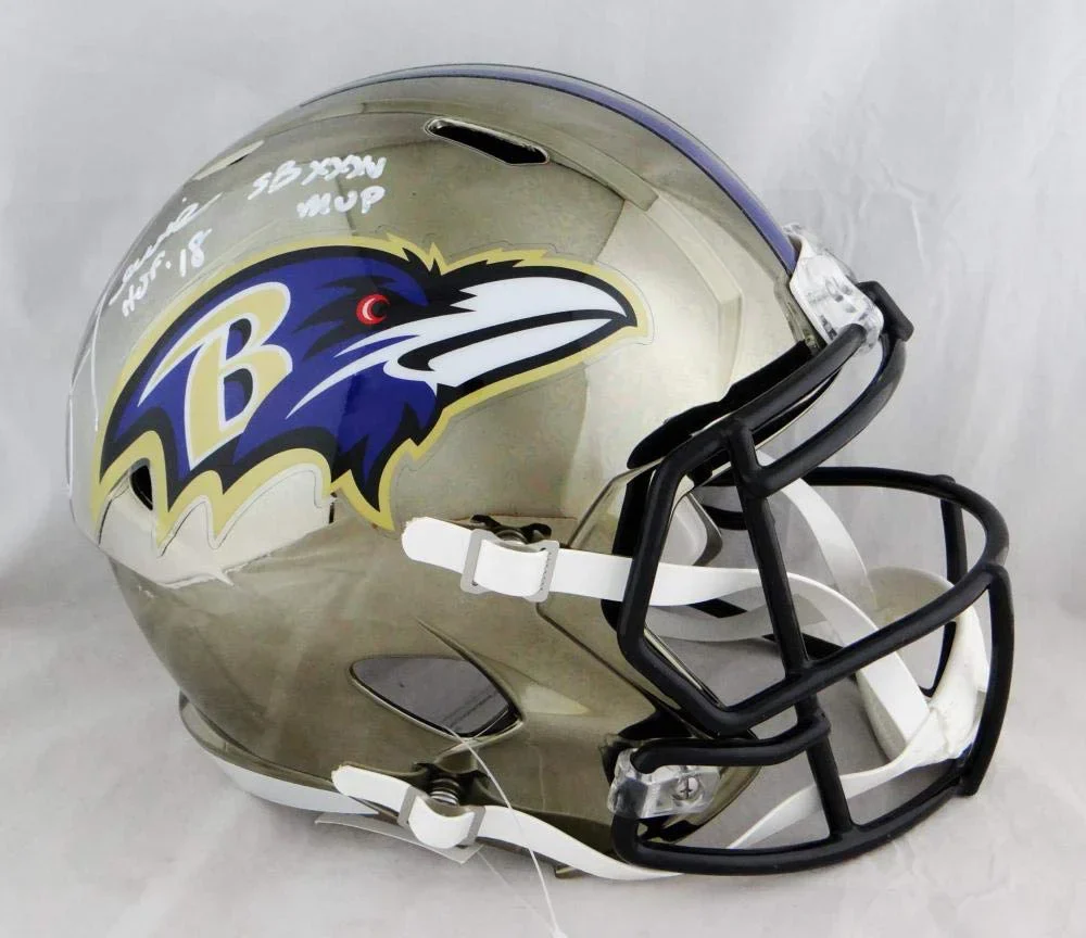 Ray Lewis Full Name Autographed Ravens F/S Chrome Helmet w/HOF& SB MVP- Beckett Auth White - Image 2