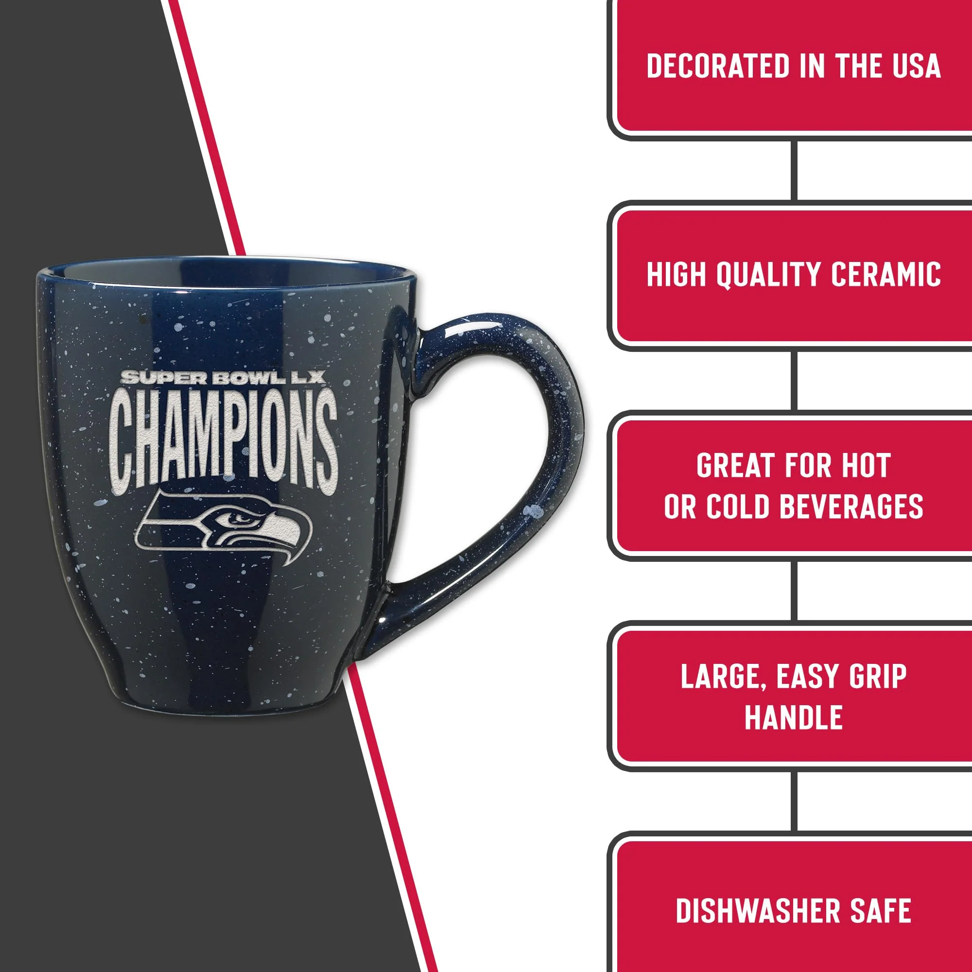 Rico Industries NFL Football Seattle Seahawks 2026 Super Bowl LX Champions 16 oz Team Color Laser Engraved Speckled Ceramic Coffee Mug - Image 4