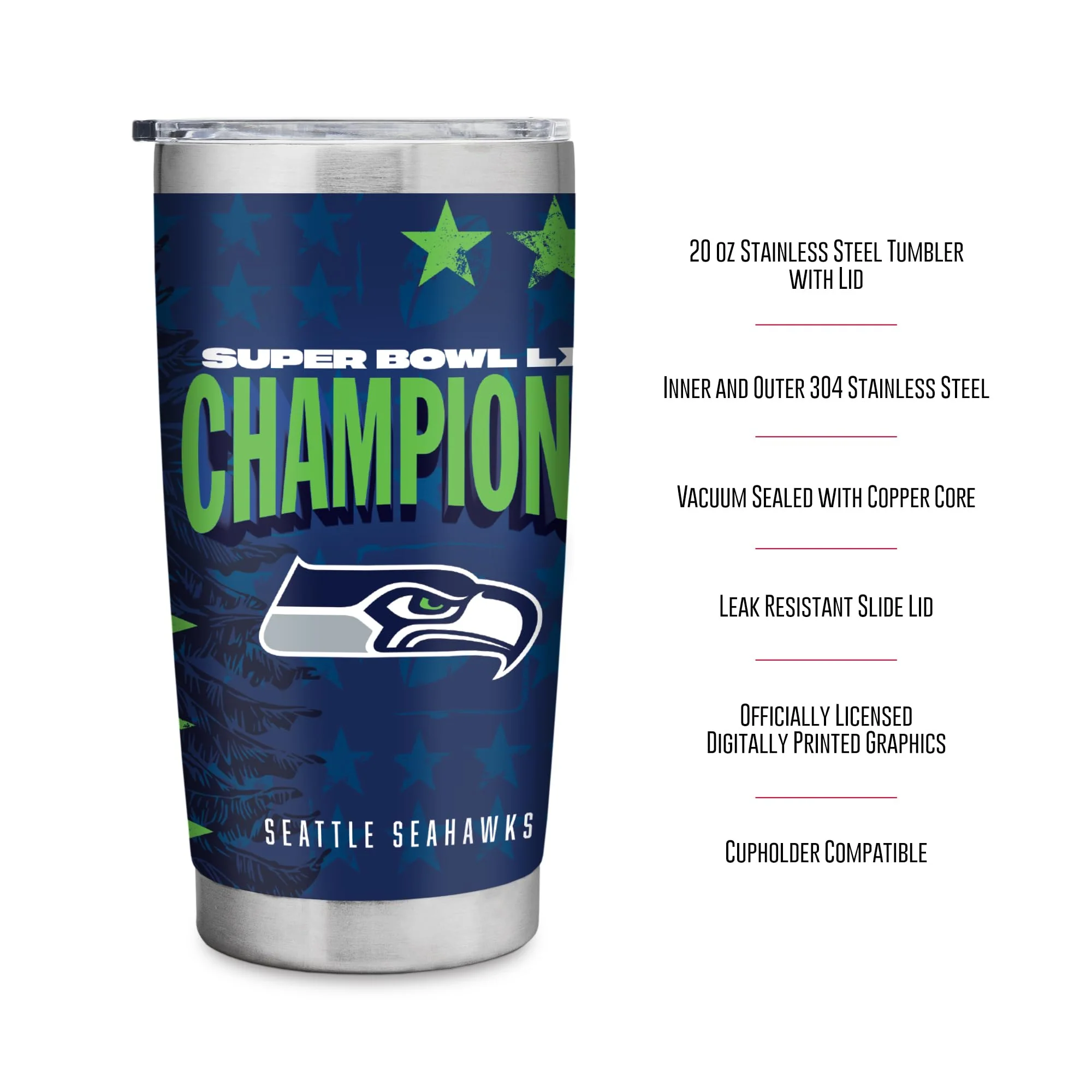 Rico Industries NFL Football Seattle Seahawks 2026 Super Bowl LX Champions 20oz Stainless Steel Tumbler with Lid - Great For Coffee, Tea, Water or Cocktails - Image 8