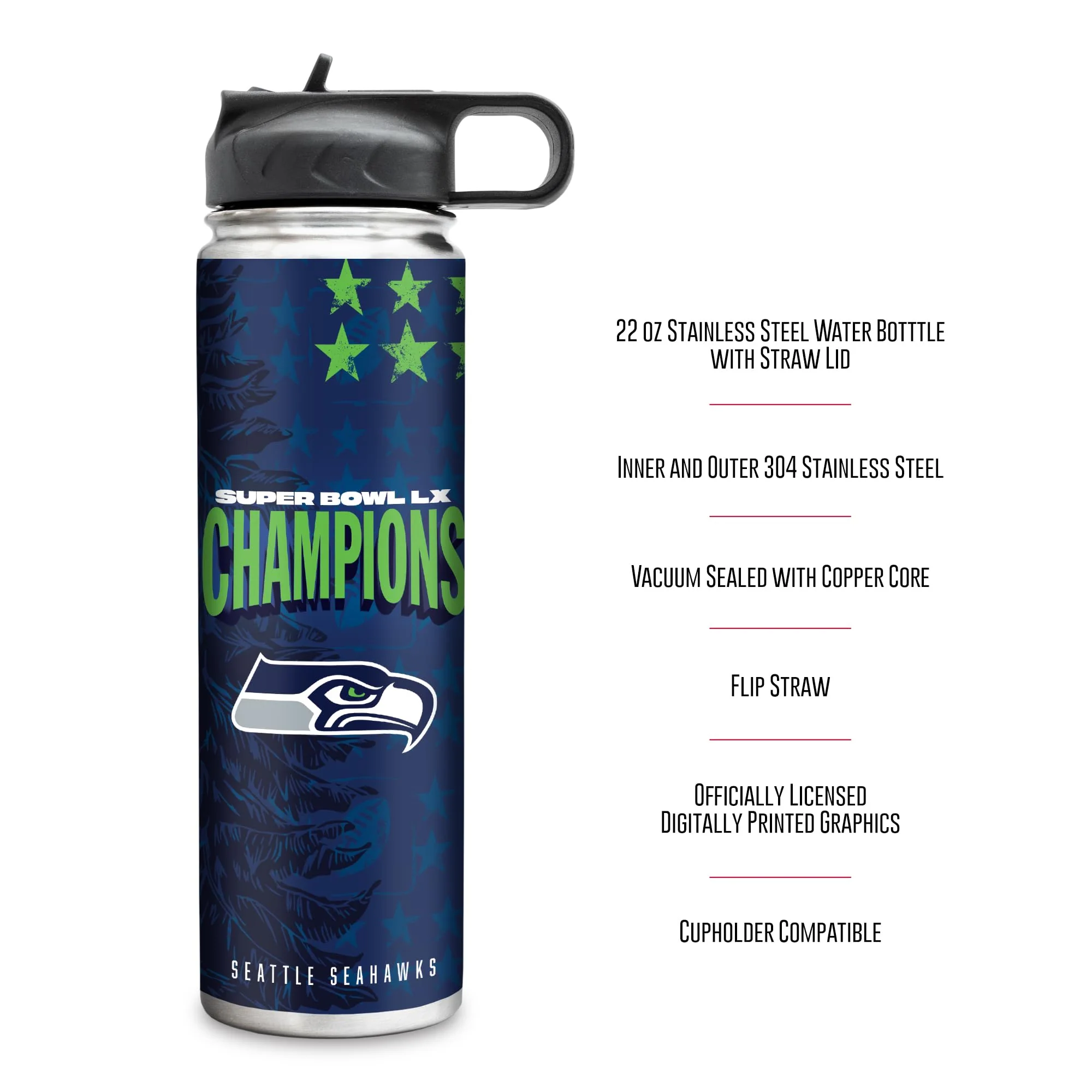 Rico Industries NFL Football Seattle Seahawks 2026 Super Bowl LX Champions 22oz Stainless Steel Tumbler with Lid - Great For Coffee, Tea, Water or Cocktails - Image 5