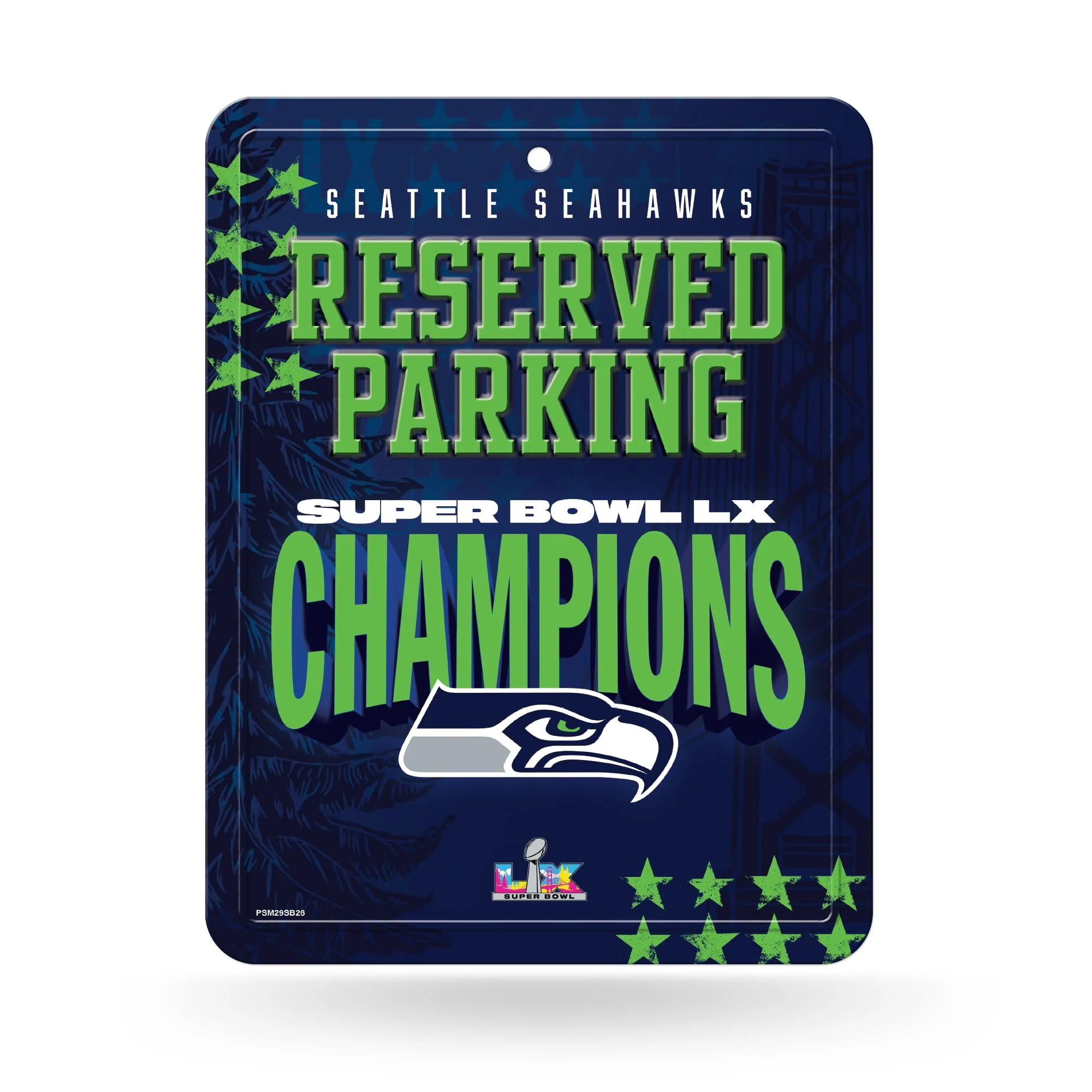 Rico Industries NFL Football Seattle Seahawks 2026 Super Bowl LX Champions 8.5" x 11" Carbon Fiber Metal Parking Sign - Great for Man Cave, Bed Room, Office, Home Décor