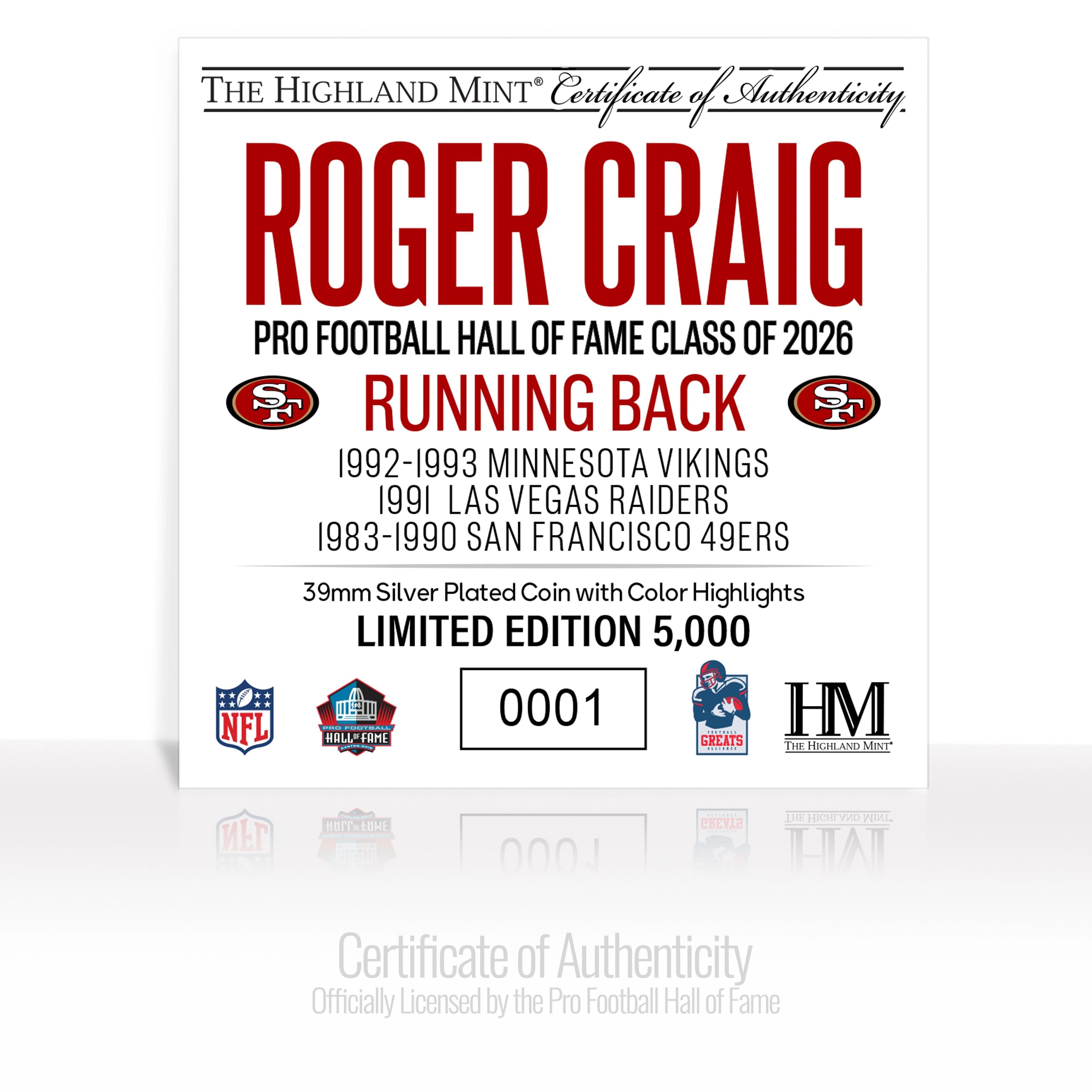 Roger Craig 2026 NFL Hall of Fame Induction Silver Plated Coin - Image 2