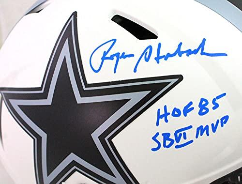 Roger Staubach Autographed Cowboys Lunar Speed F/S Helmet w 2 Insc- BeckettBlue - Image 5
