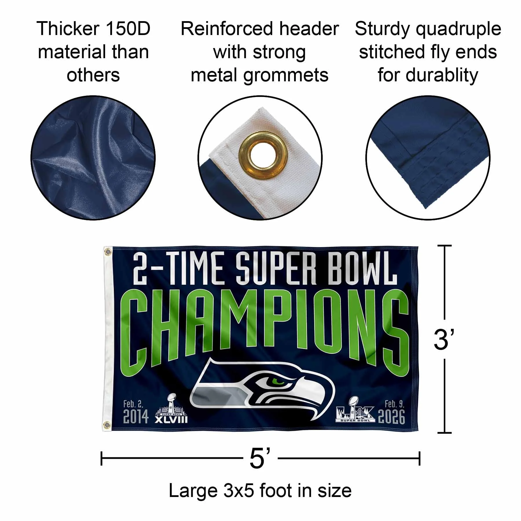 Seattle Seahawks 2 Time Super Bowl Champions Banner Flag - Image 2