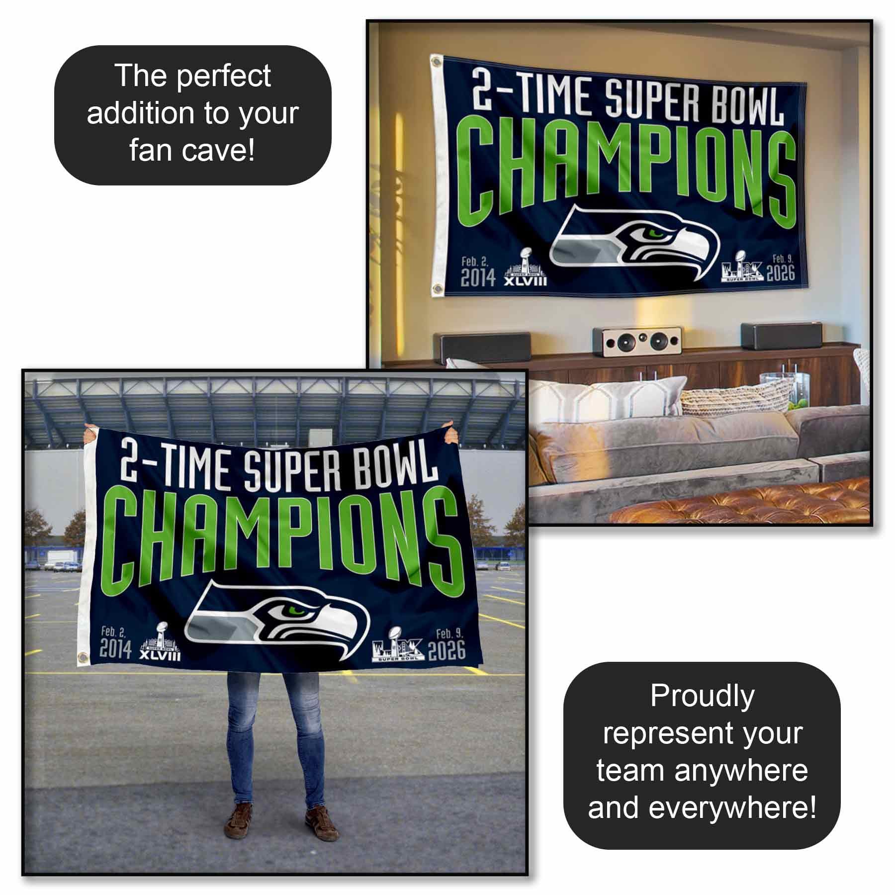 Seattle Seahawks 2 Time Super Bowl Champions Banner Flag - Image 3