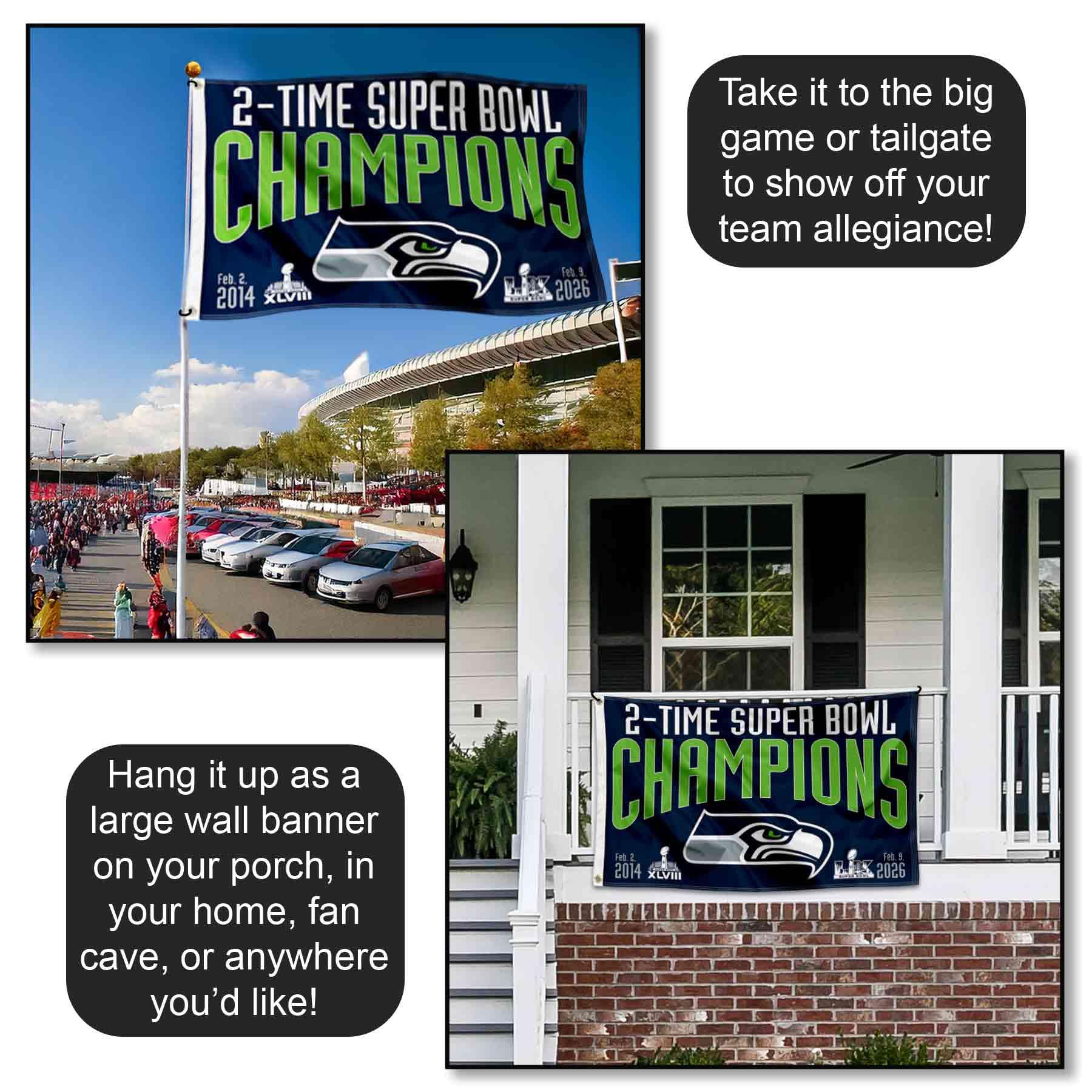 Seattle Seahawks 2 Time Super Bowl Champions Banner Flag - Image 4