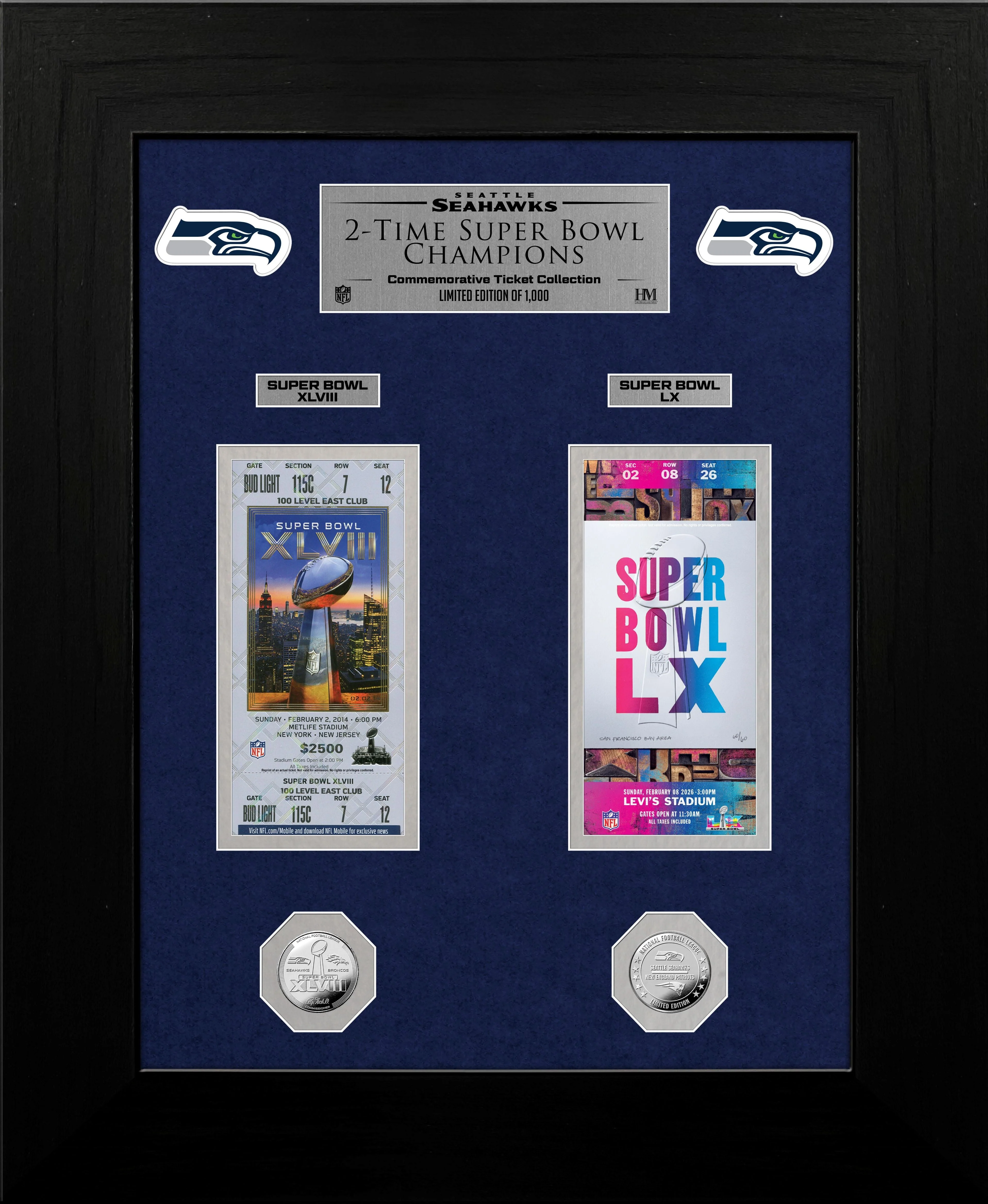 Seattle Seahawks Deluxe 2-Time Super Bowl Champions Ticket Collection Silver Coin Photo Mint