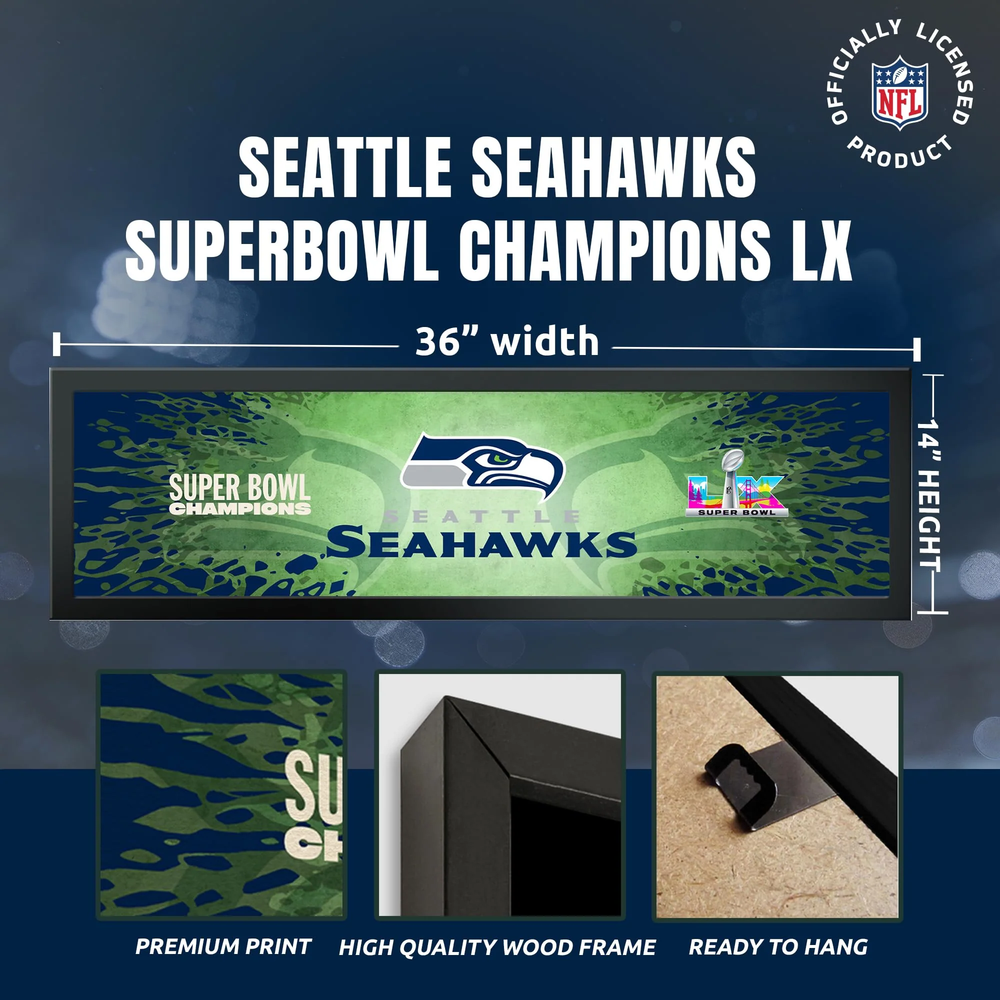 Seattle Seahawks Super Bowl 60 Champions Framed Horizontal Wall Print, Official NFL Football Decor, 8 x 26 - Image 6
