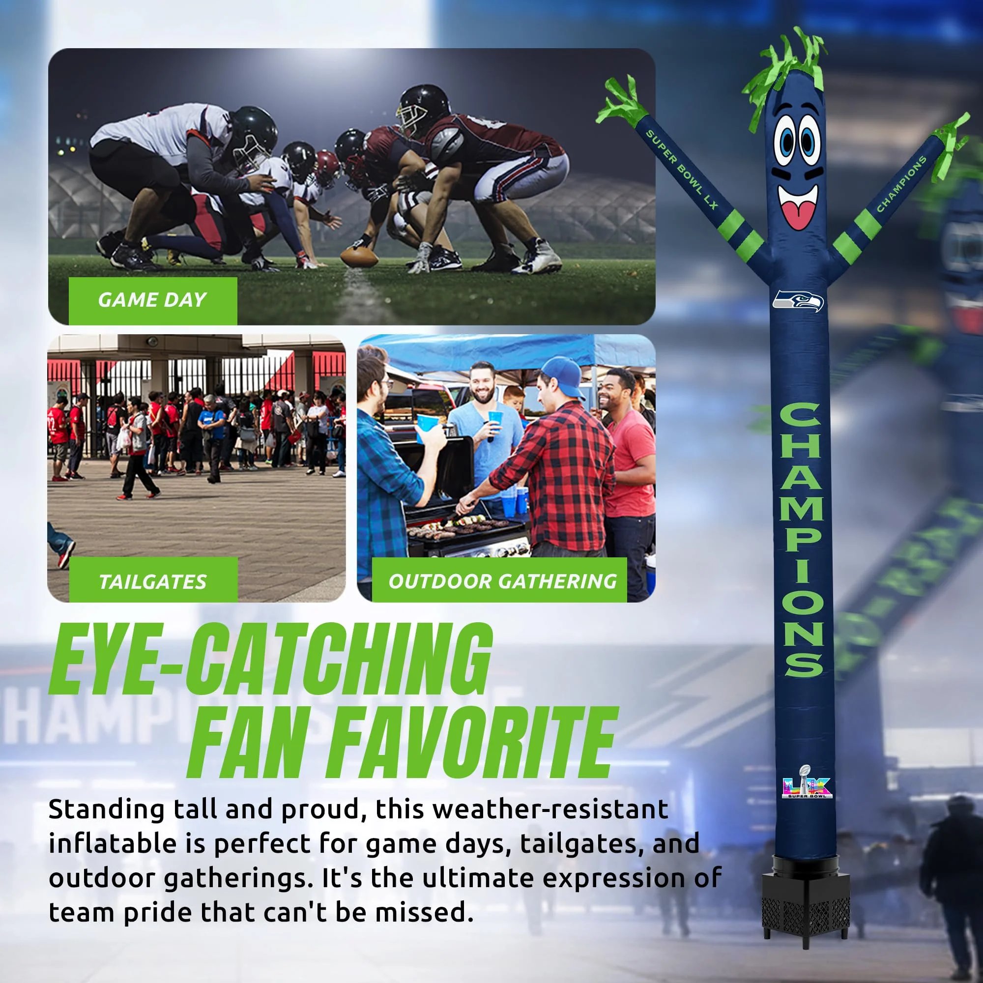 Seattle Seahawks Super Bowl 60 Champions Inflatable Crazy Sports Fan with LED Lights and Built-in Blower Air Wacky Dancers Outdoor Yard Decoration, Official NFL, 8 ft - Image 4