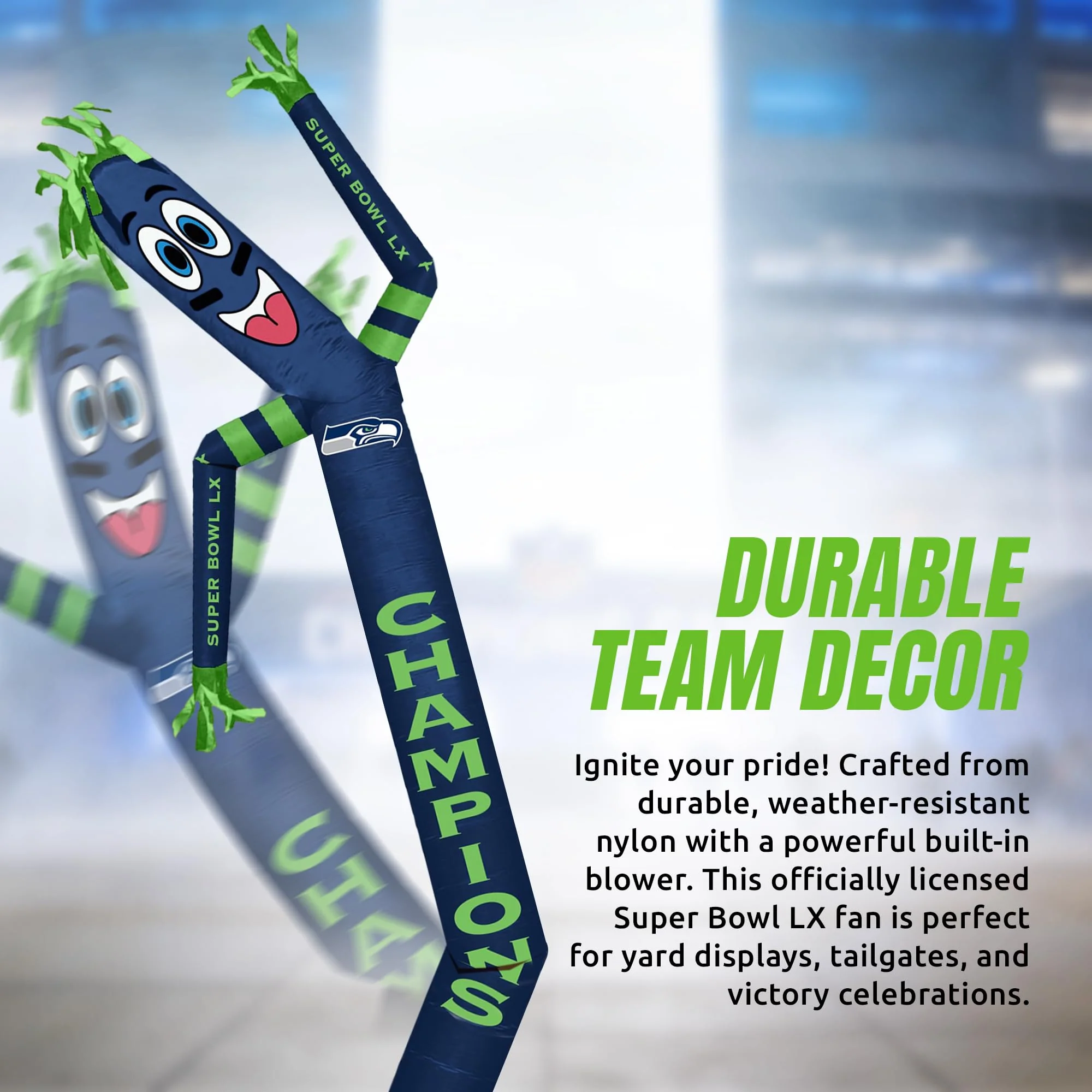 Seattle Seahawks Super Bowl 60 Champions Inflatable Crazy Sports Fan with LED Lights and Built-in Blower Air Wacky Dancers Outdoor Yard Decoration, Official NFL, 8 ft - Image 5