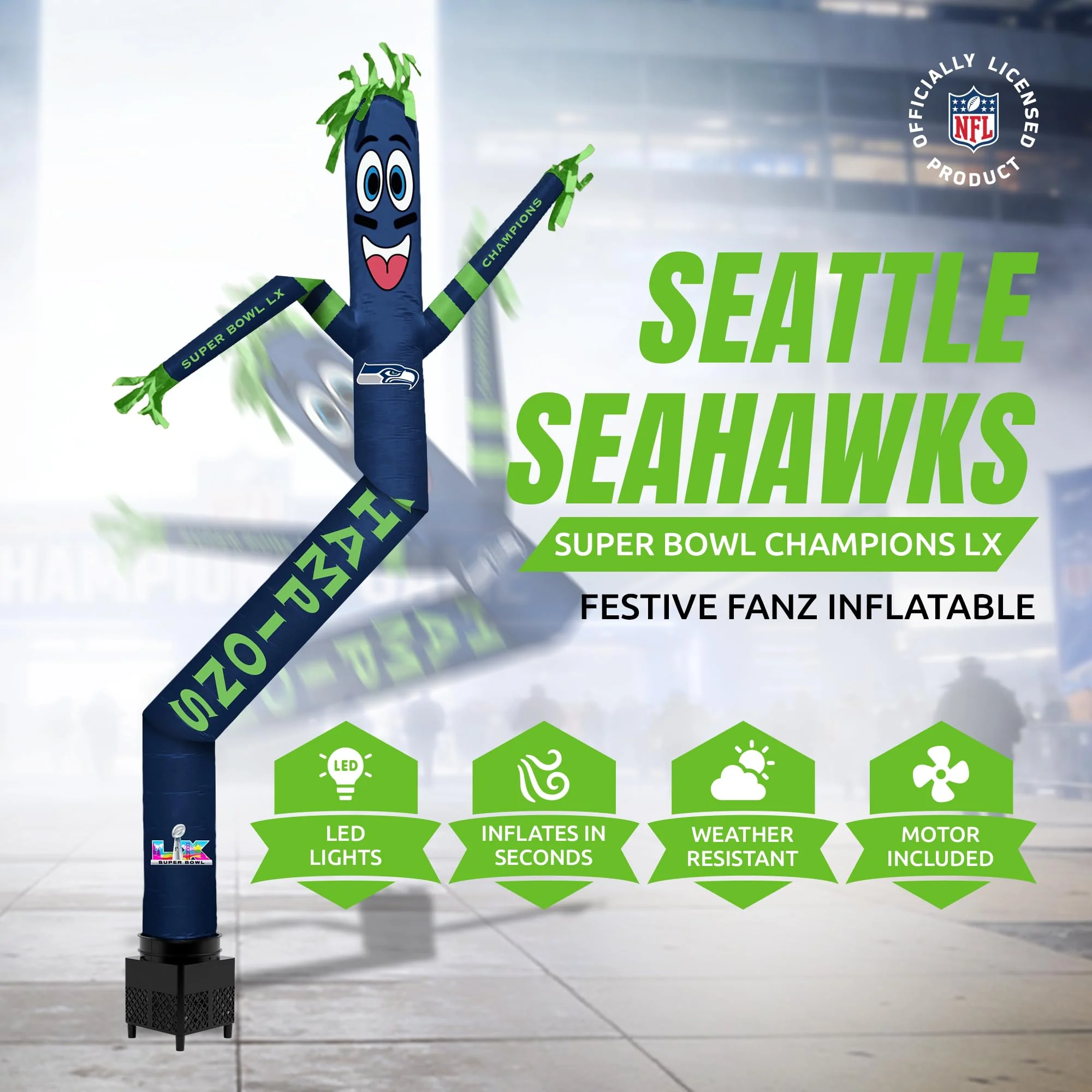 Seattle Seahawks Super Bowl 60 Champions Inflatable Crazy Sports Fan with LED Lights and Built-in Blower Air Wacky Dancers Outdoor Yard Decoration, Official NFL, 8 ft - Image 6
