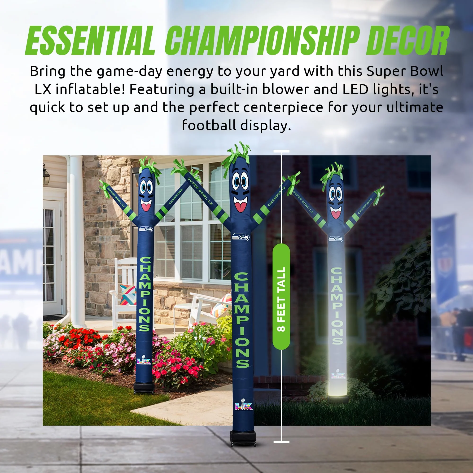 Seattle Seahawks Super Bowl 60 Champions Inflatable Crazy Sports Fan with LED Lights and Built-in Blower Air Wacky Dancers Outdoor Yard Decoration, Official NFL, 8 ft - Image 7