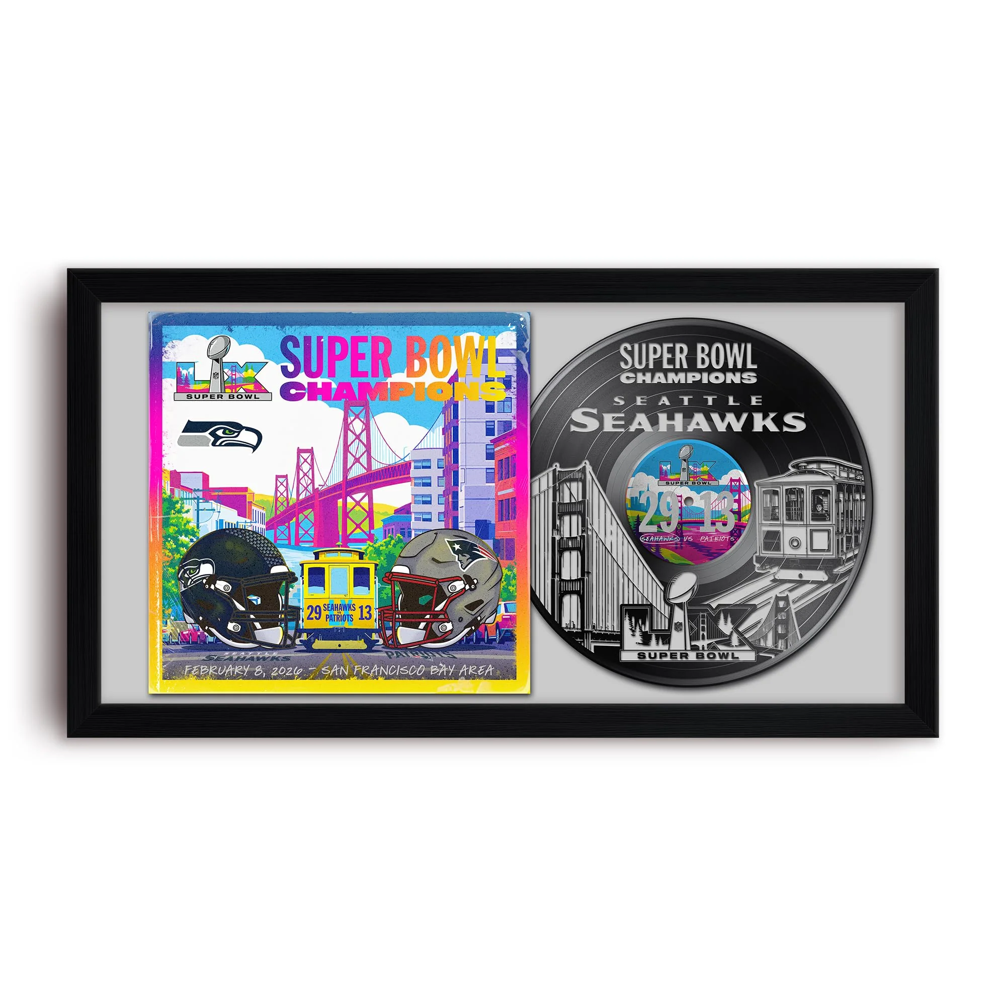 Seattle Seahawks Super Bowl 60 Champions Vinyl Album Framed Art Print, Official NFL Football Wall Decor, 14 x 26