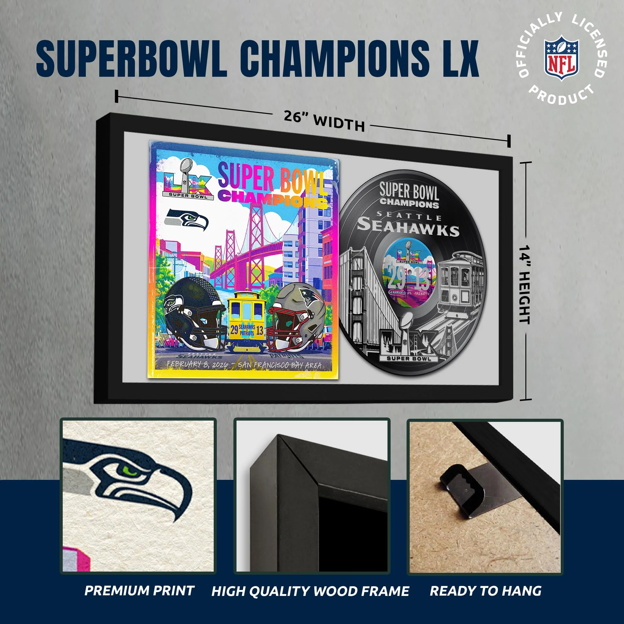 Seattle Seahawks Super Bowl 60 Champions Vinyl Album Framed Art Print, Official NFL Football Wall Decor, 14 x 26 - Image 3