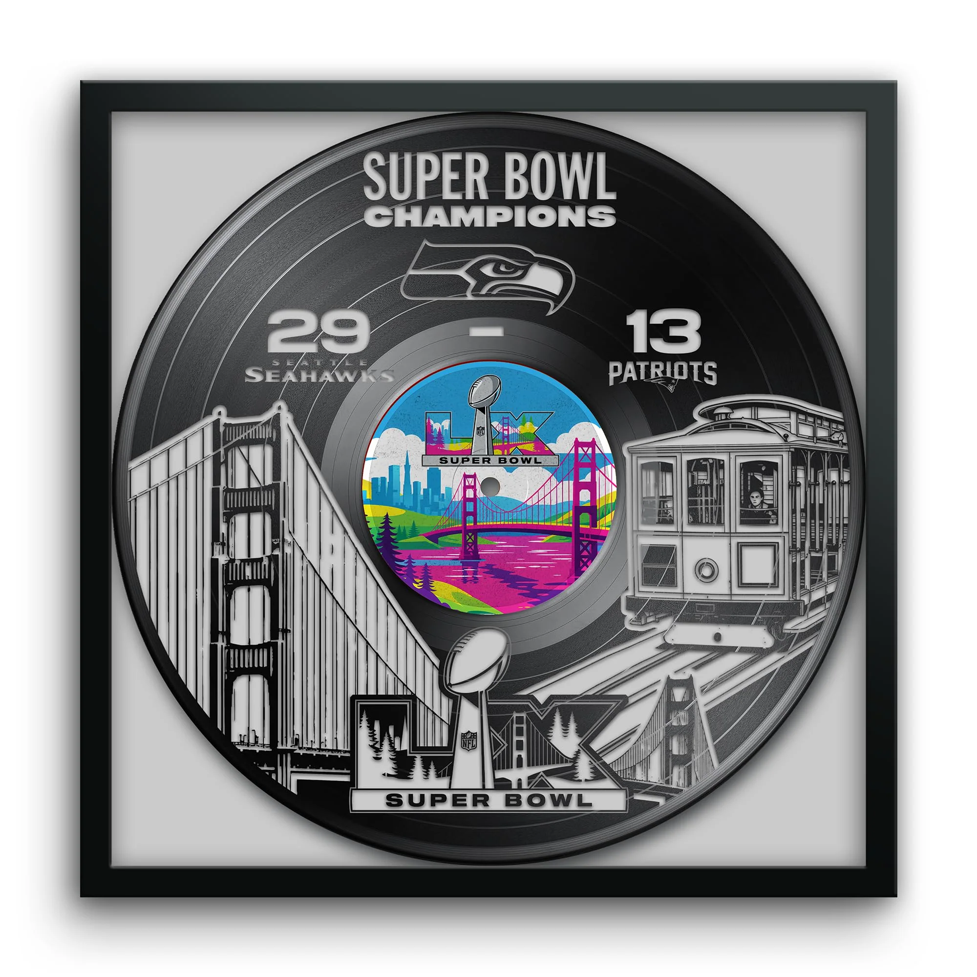 Seattle Seahawks Super Bowl 60 Champions Vinyl Record Framed Art Print, Official NFL Football Wall Decor, 13 x 13