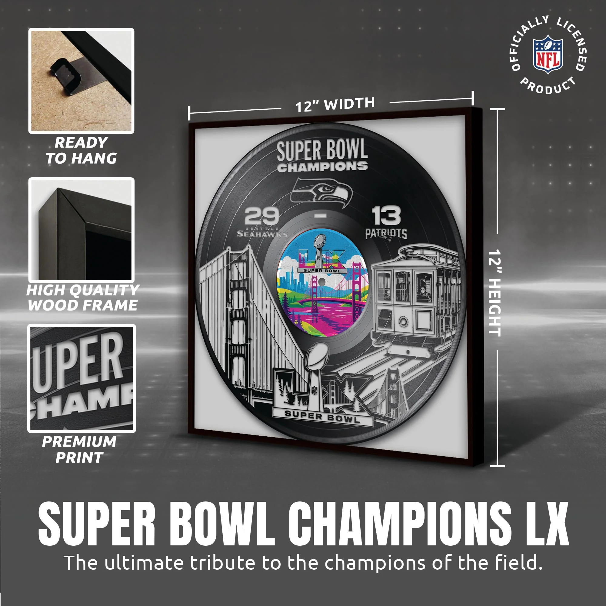 Seattle Seahawks Super Bowl 60 Champions Vinyl Record Framed Art Print, Official NFL Football Wall Decor, 13 x 13 - Image 7