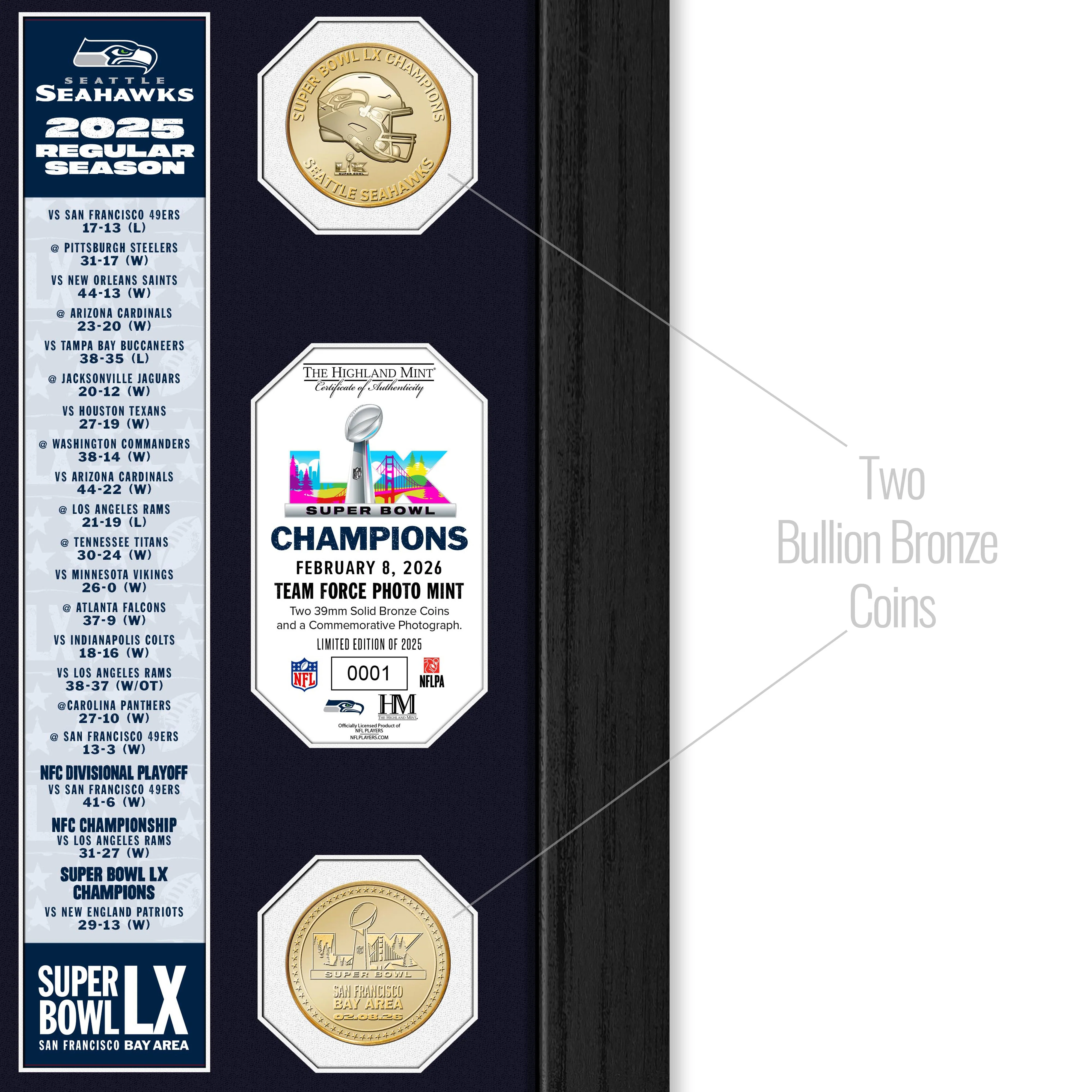 Seattle Seahawks Super Bowl LX Champions Team Force Bronze Coin Photo Mint - Image 2