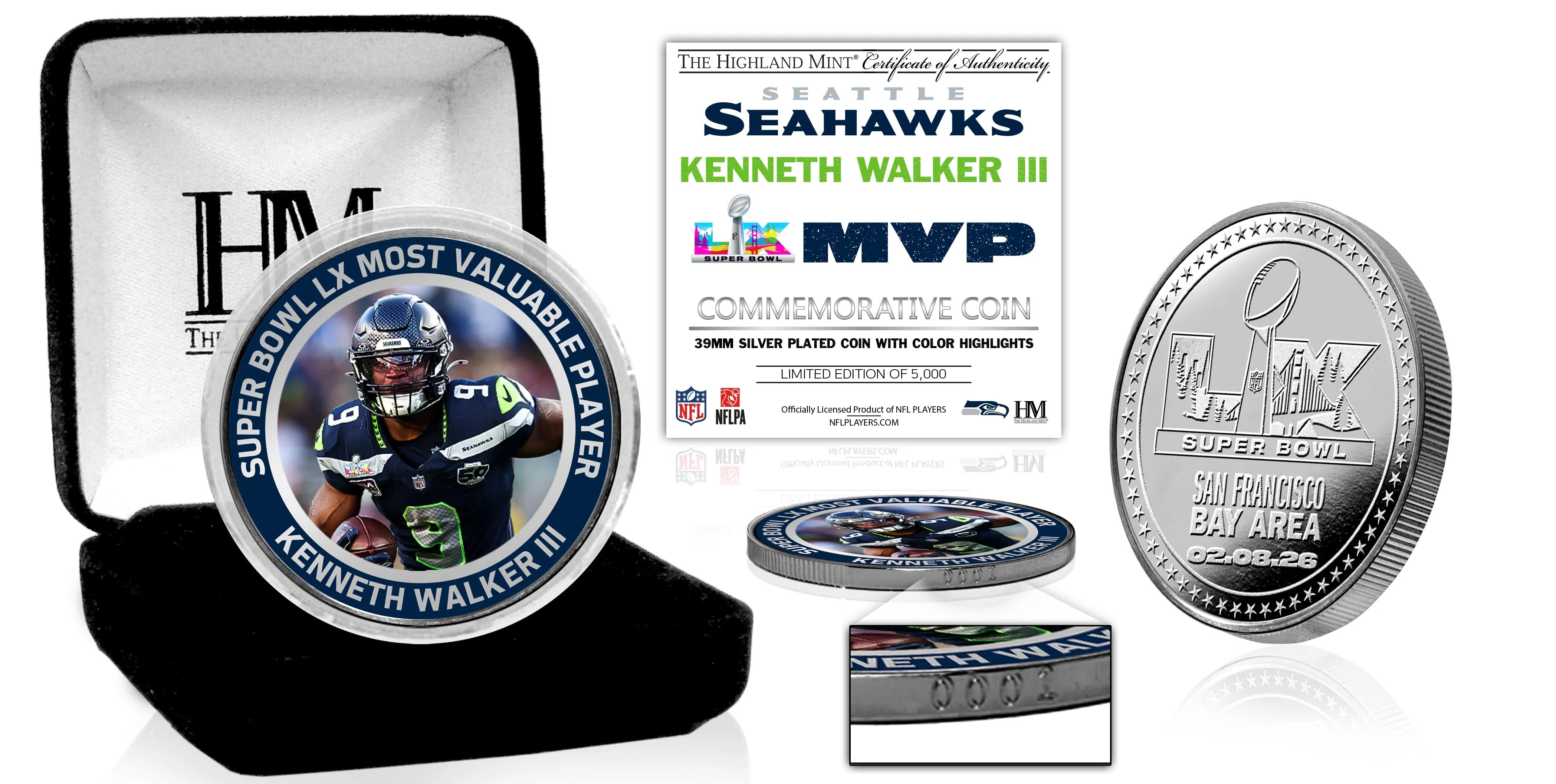 Seattle Seahawks Kenneth Walker III Super Bowl LX MVP Silver Plated Color Coin