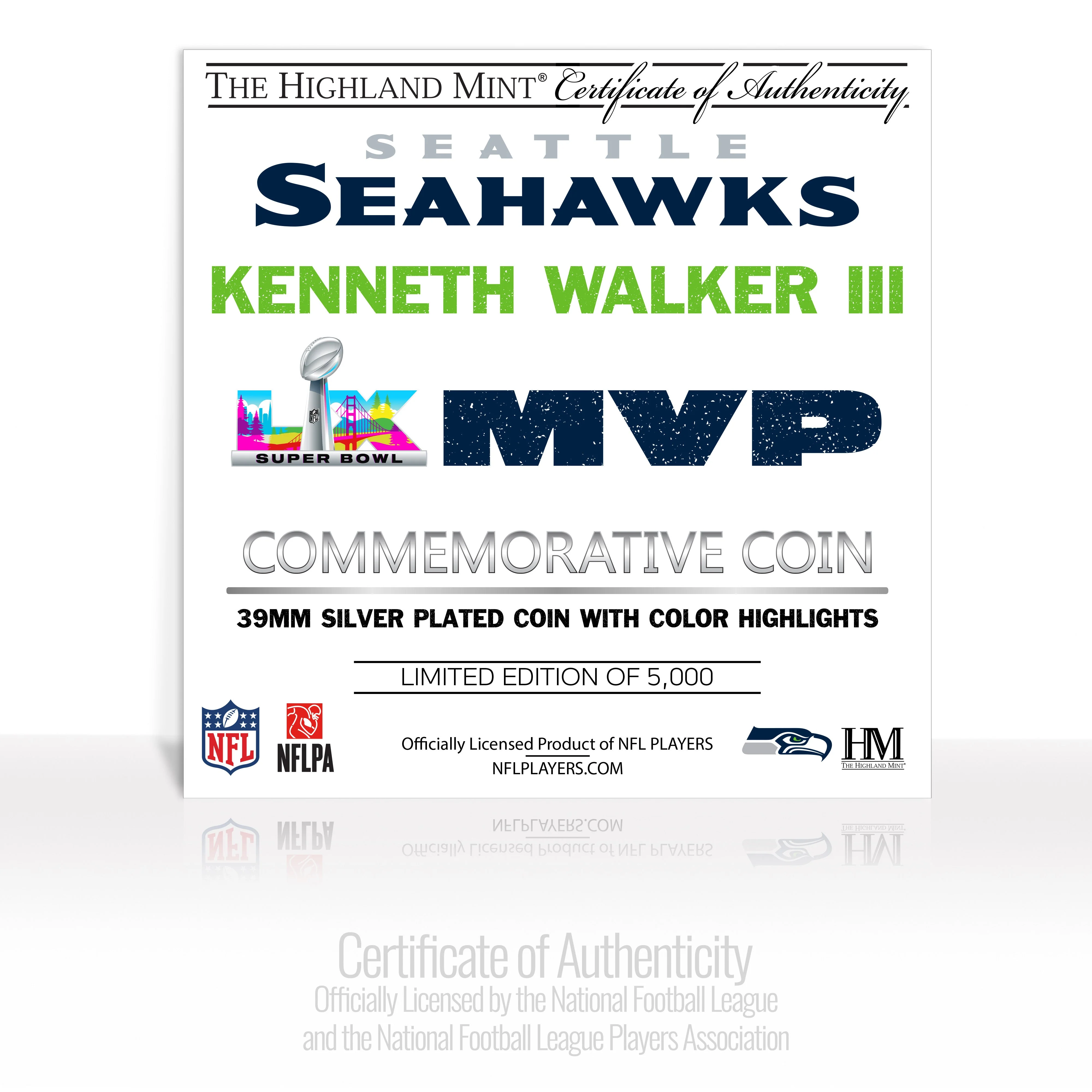 Seattle Seahawks Kenneth Walker III Super Bowl LX MVP Silver Plated Color Coin - Image 2