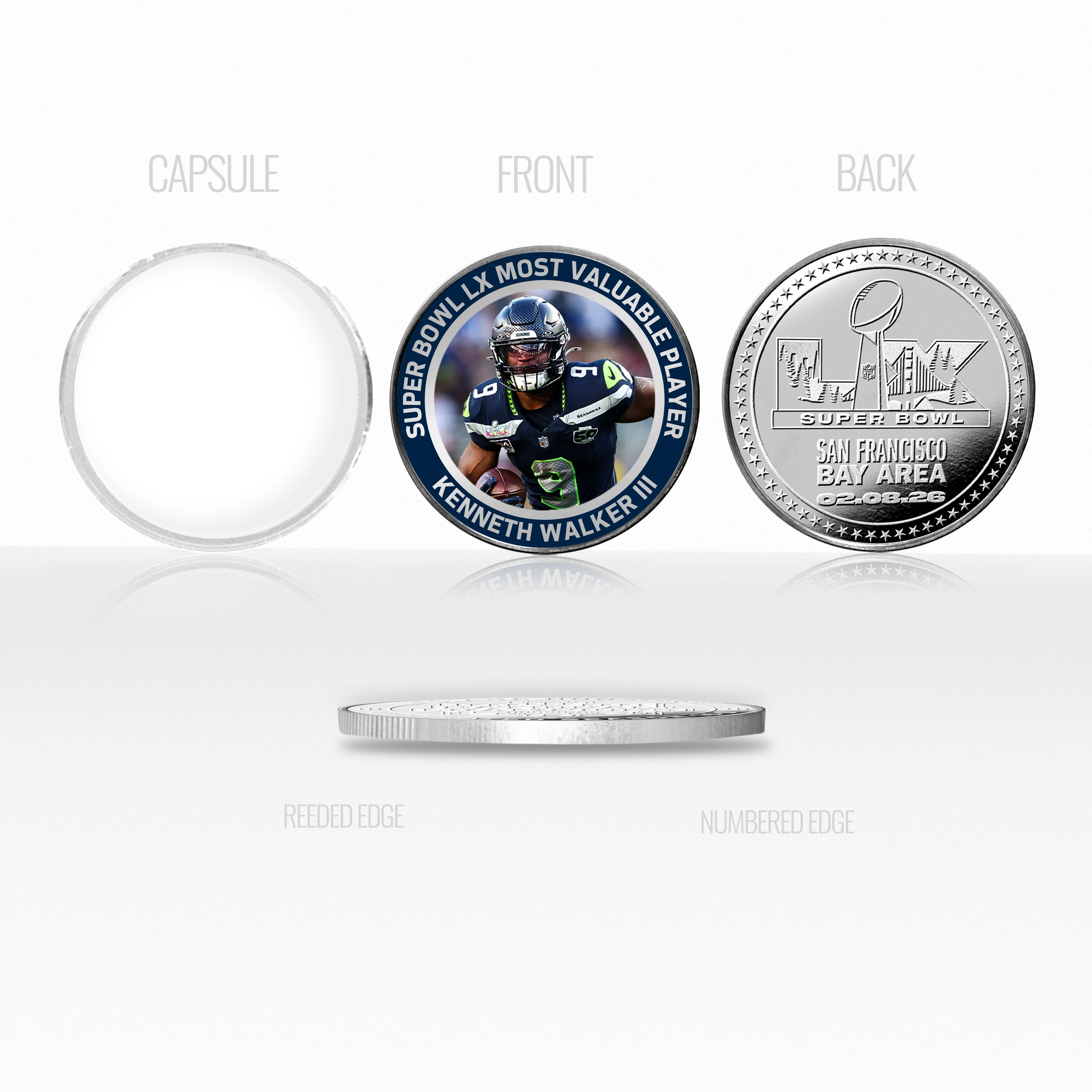 Seattle Seahawks Kenneth Walker III Super Bowl LX MVP Silver Plated Color Coin - Image 3