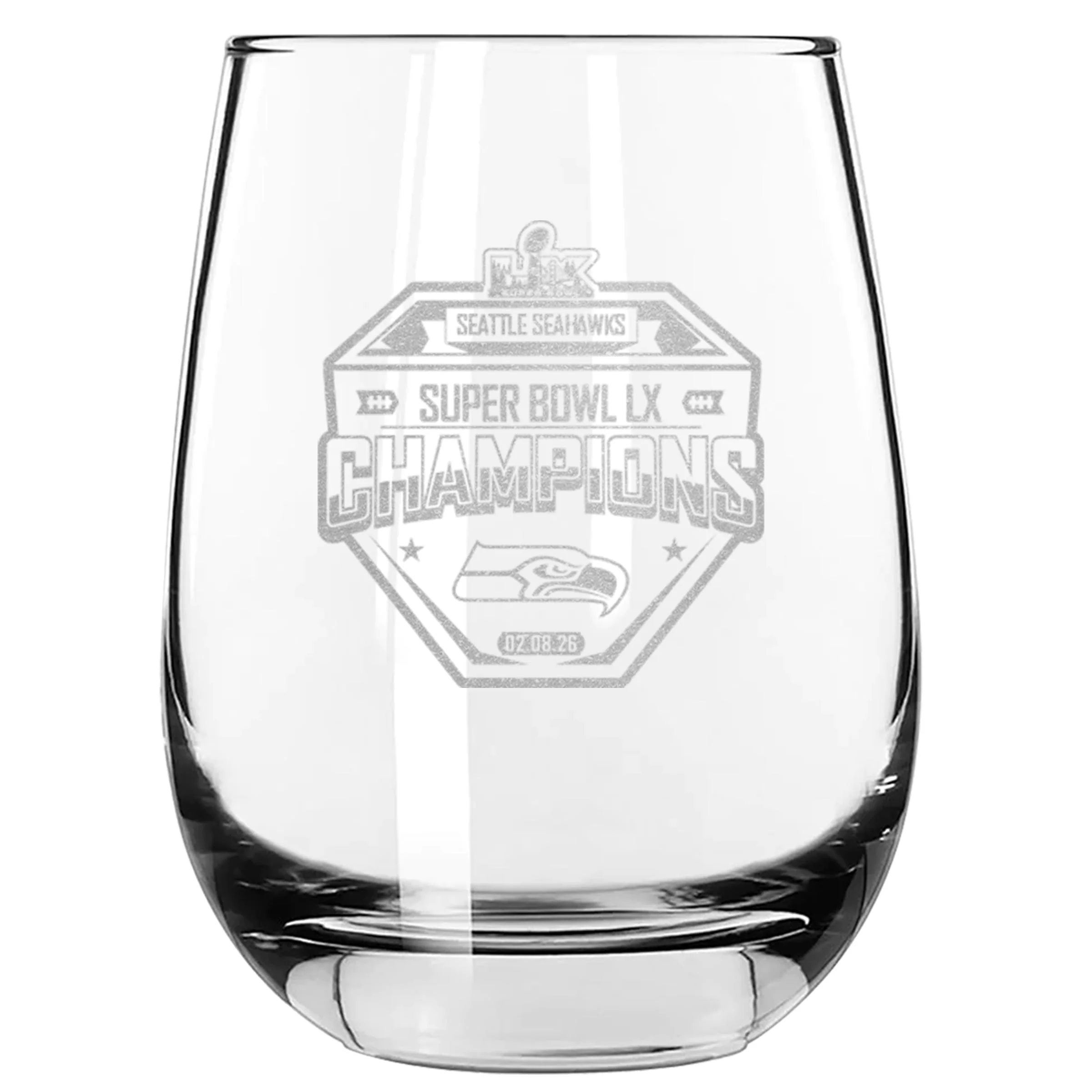 The Memory Company Officially Licensed NFL Seattle Seahawks 2026 Super Bowl LX Champions 15oz Stemless Wine Glass, Etched